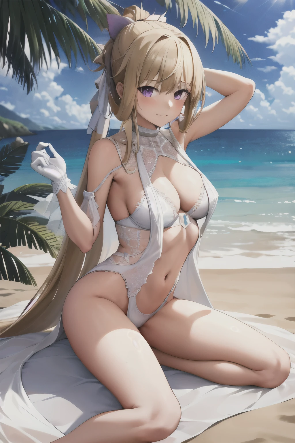 masterpiece, best quality, highres, high_definition, very long hair, a beach, 1girl, solo, a woman in a sexy bridal dress, white glove, sexy pose, blush, little smile, bangs, hair_between_eyes, purple eyes, blond hair, ponytail, medium_breasts, sexy lingerie, seductive pose, sexy pose, very long hair,