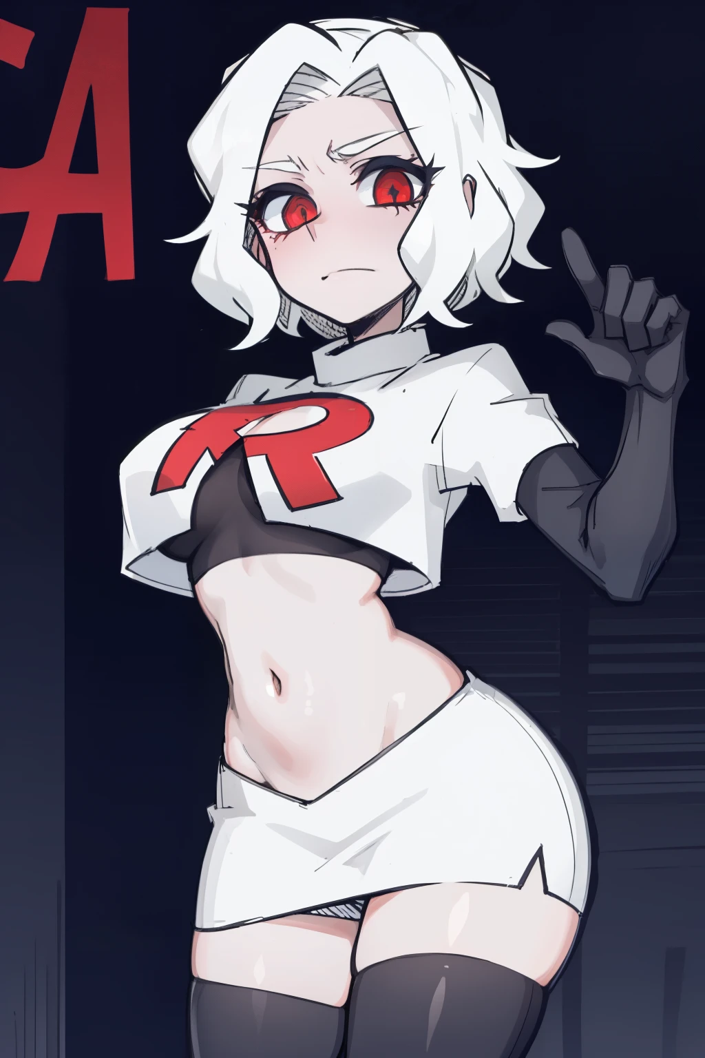 masterpiece, best quality,zdrada,red eyes, white hair,team rocket,team rocket uniform,white skirt,red letter R,crop top,black thigh-highs,black elbow gloves, comic strip