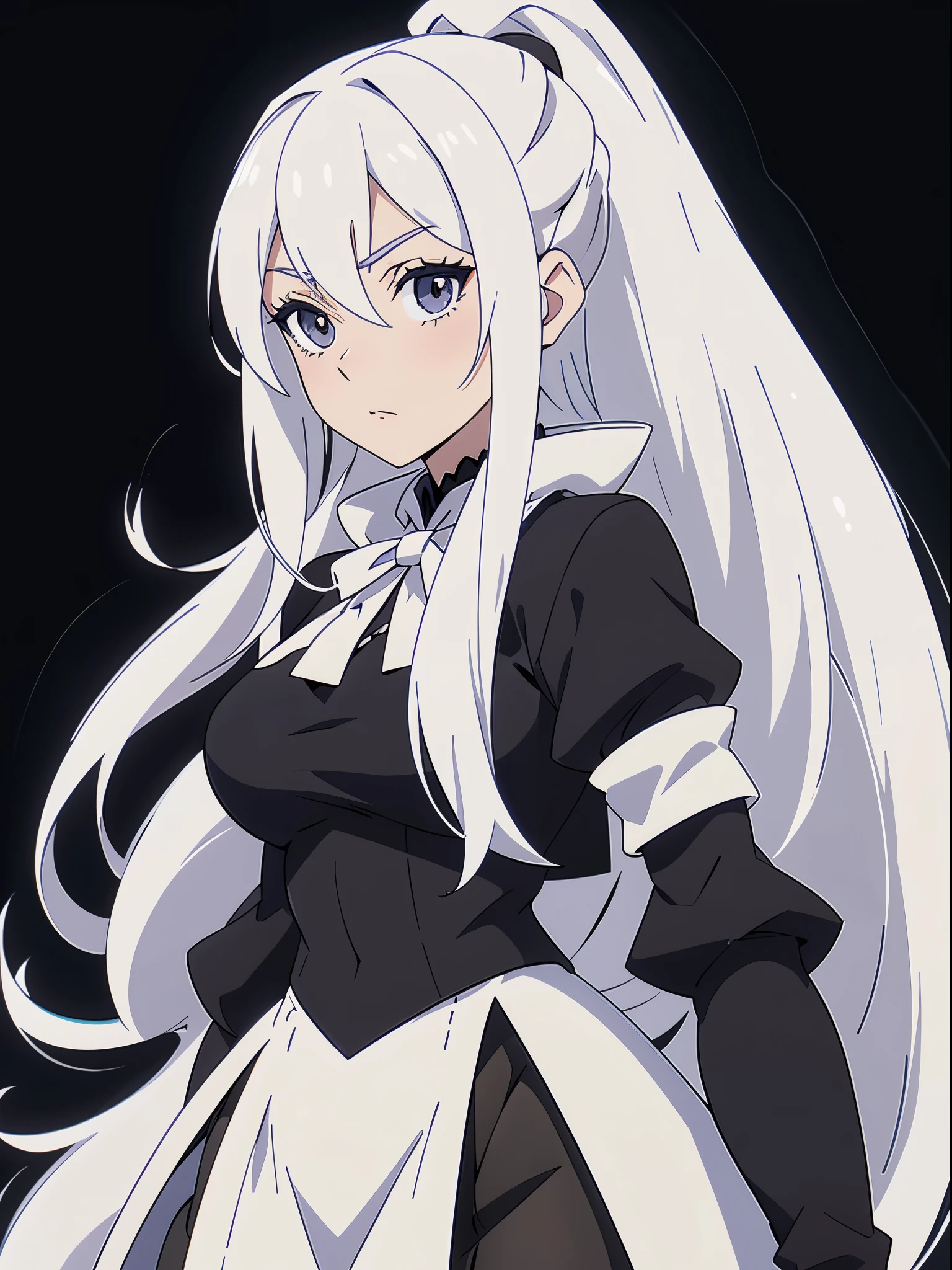 a female anime has no clothes to speak of, save for her apron, 1girl, on back, solo, lying, skirt, breasts, twin braids, necktie, looking at viewer, greyscale, monochrome, hat, shirt, braid, thigh strap, large breasts, blush, long sleeves, bangs, pleated skirt