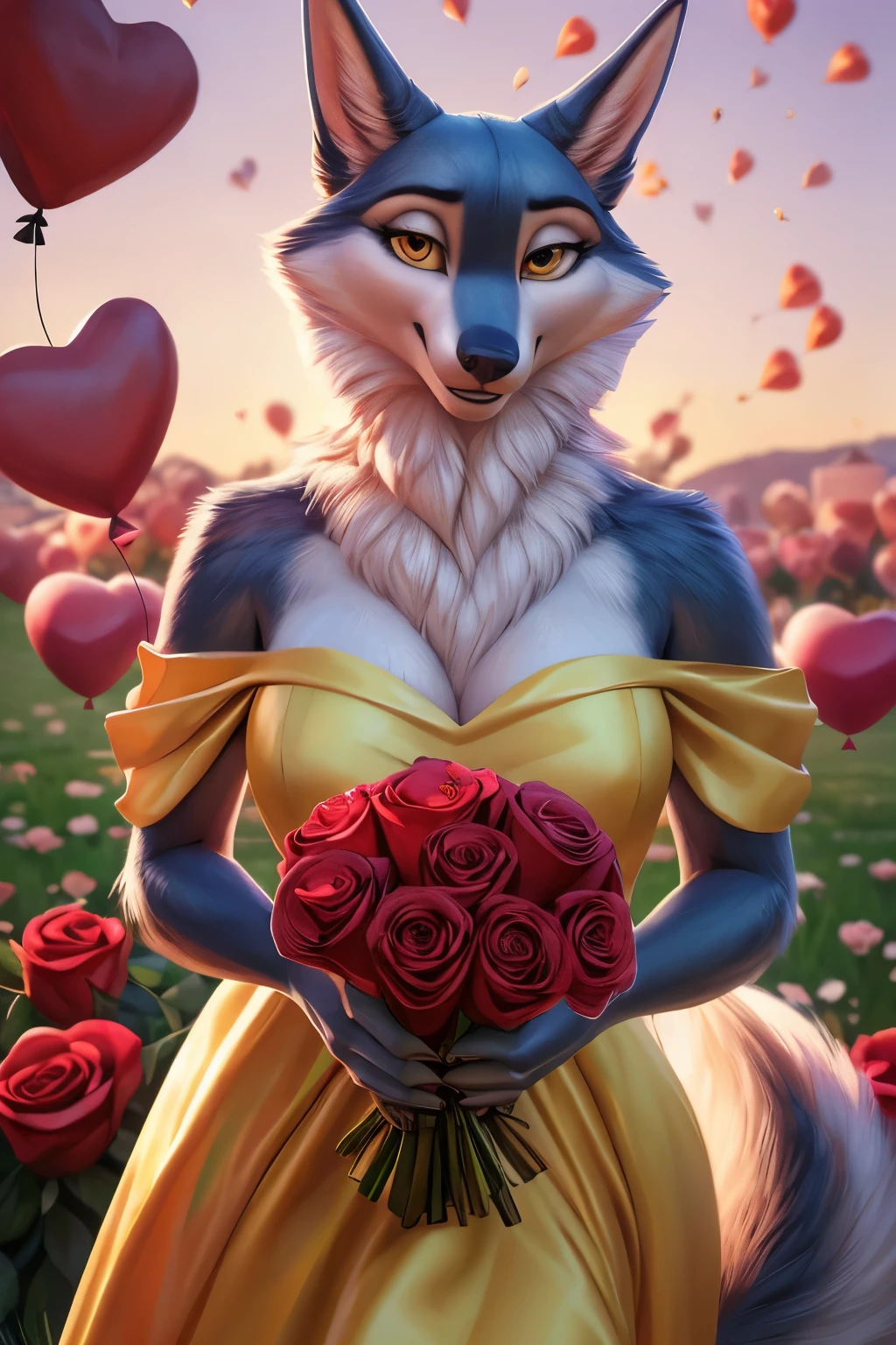 (by pixelsketcher:0.6), (by personalami :0.6), solo, female, porsha, canine, detailed background, (cinematic lighting:1.1), (perfect focus:1.1), 8k hd, photo, (detailed eyes:1.2),depth of field, bokeh, subsurface scattering, perfect breasts, wide angle,(dress, yellow dress,neckline,bouquet of flowers, bouquet of roses, holding a bouquet of roses), bright colors, (furry detail:1.3),detailed background, green field, green landscape,realistic, photorealistic, ultra realistic,(tail),smile,(fluffy:1.3), furry, buff, (realistic fur:1.1), (extreme fur detail:1.2),(detailed yellow pixar style eyes),,((valentine, hearts, flying hearts,heart shaped balloons))