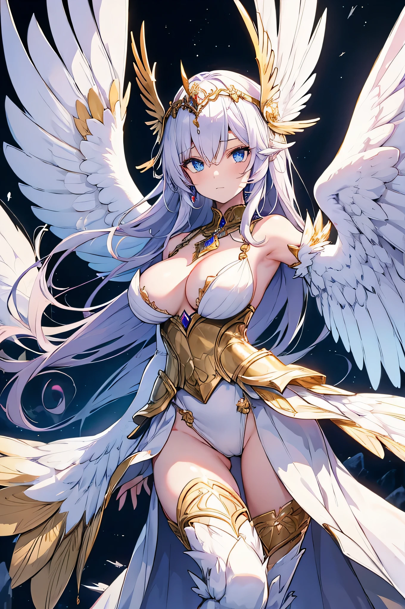 4K,High resolution,one woman,harpy,White purple hair,long hair,blue eyes,big breasts,white wings,golden nails,Valkyrie,white holy armor,winged hat,Jewelry Decoration,crystal decoration,gold decoration,Temple in the Sky