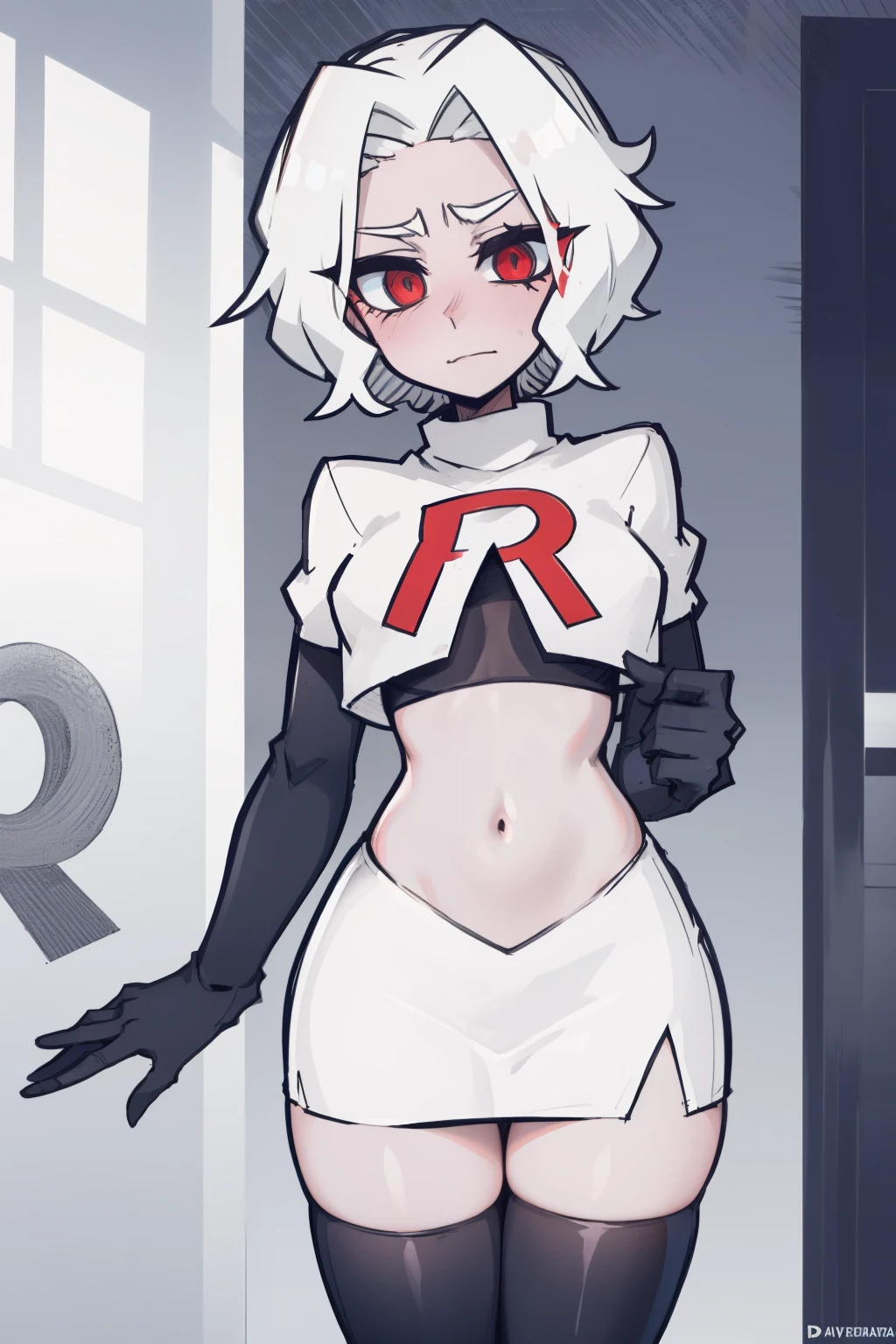 masterpiece, best quality,zdrada,red eyes, white hair,team rocket,team rocket uniform,white skirt,red letter R,crop top,black thigh-highs,black elbow gloves, comic strip