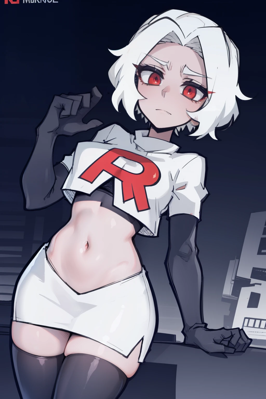 masterpiece, best quality,zdrada,red eyes, white hair,team rocket,team rocket uniform,white skirt,red letter R,crop top,black thigh-highs,black elbow gloves, comic strip