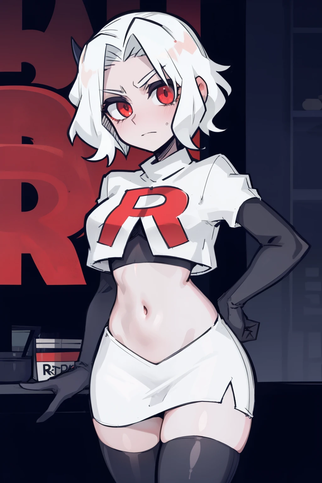 masterpiece, best quality,zdrada,red eyes, white hair,team rocket,team rocket uniform,white skirt,red letter R,crop top,black thigh-highs,black elbow gloves, comic ?????