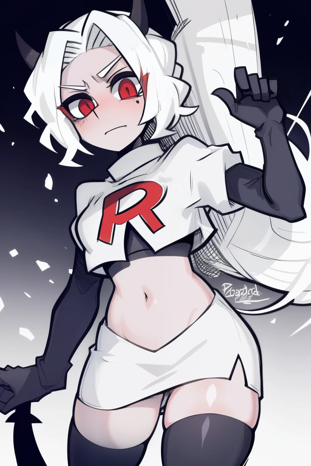 masterpiece, best quality,zdrada,red eyes, white hair,team rocket,team rocket uniform,white skirt,red letter R,crop top,black thigh-highs,black elbow gloves, comic strip