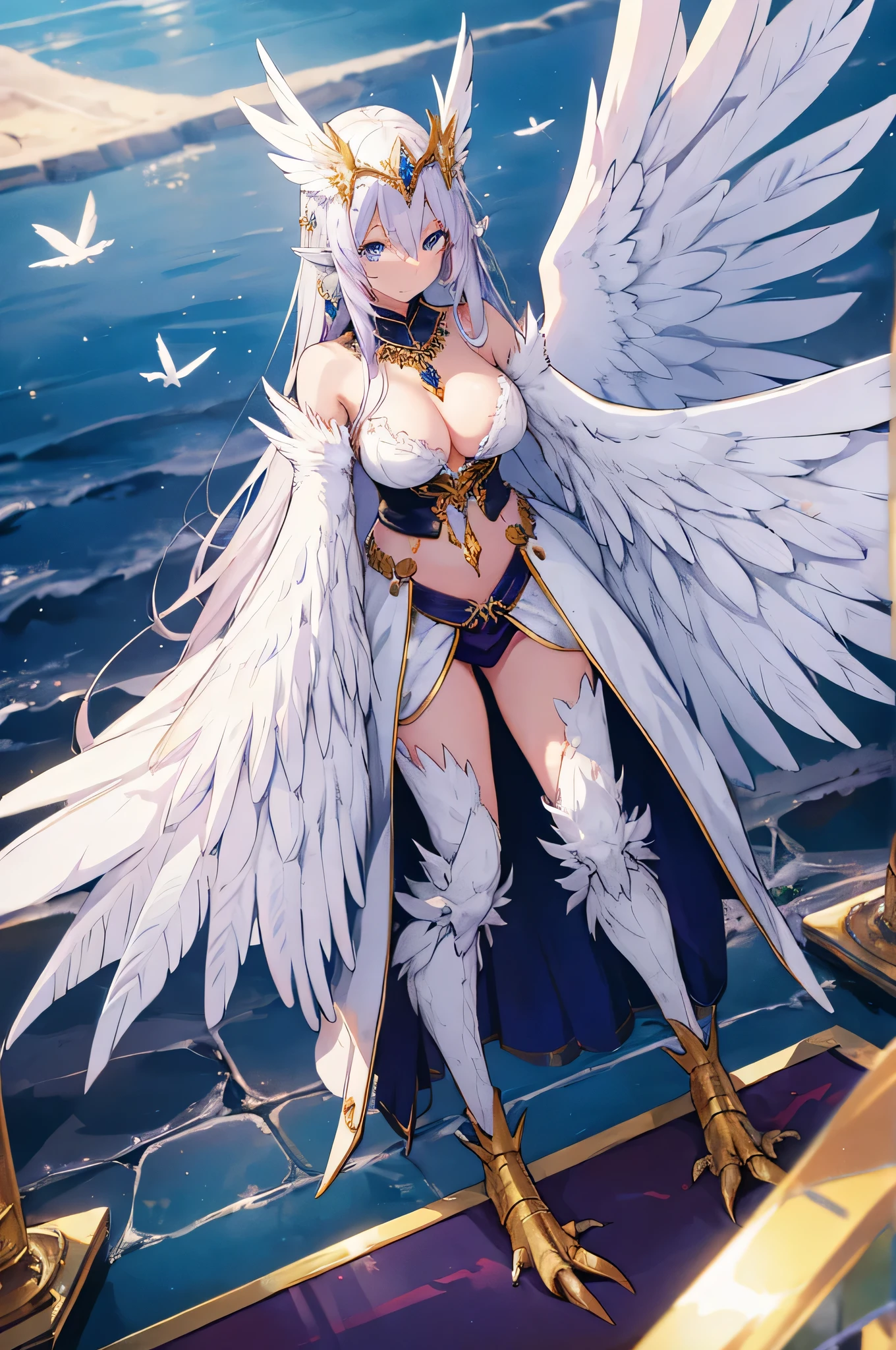 4K,High resolution,one woman,harpy,White purple hair,long hair,blue eyes,big breasts,white wings,golden nails,Valkyrie,white holy armor,winged hat,Jewelry Decoration,crystal decoration,gold decoration,Temple in the Sky