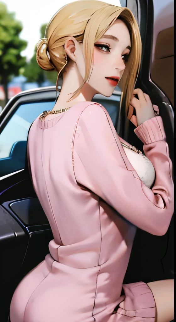 ((Best Quality, 8k, Masterpiece:1.3)), Focus:1.2, Perfect Body Beauty:1.4, Buttocks:1.2, ((Delicate Hair)), (Sweater Dress:1.1) , (Sports car, street: 1.2), Highly detailed face and skin texture, Detailed eyes, Double eyelids, whitening skin, Big breasts, smile, wearing necklaces, rings, people sitting in cars with their buttocks up,