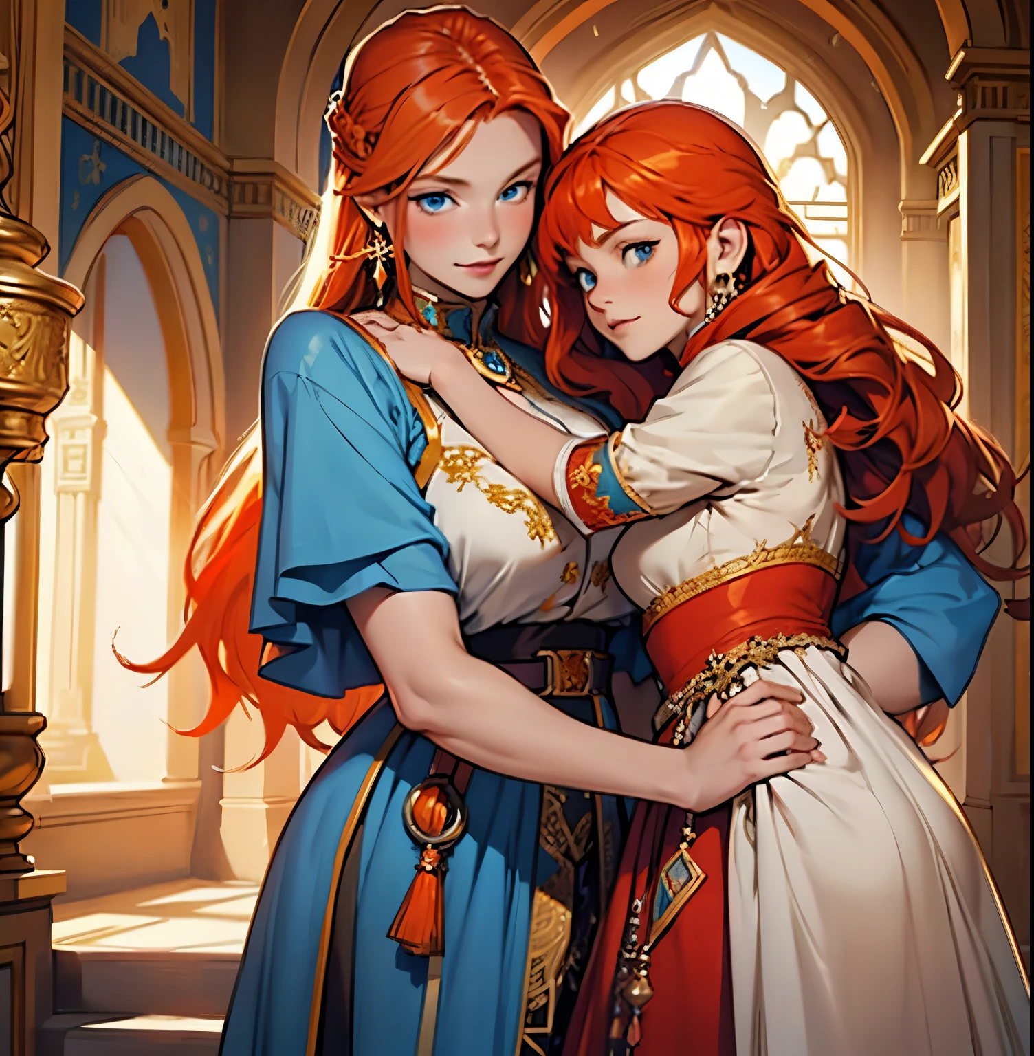 A girl with red hair and blue eyes, wearing noble clothes, with a gentle smile, in a Palace environment. (), [vibrant colors], [oil painting], [detailed background], [soft lighting], [high resolution], [elegant atmosphere], [beautifully detailed eyes], [beautifully detailed lips], [long eyelashes], (she is hugging a [girl, (Eight :1.9)] feminine with orange hair and blue eyes, dressed royal clothes, pale skin and enviable beauty.)