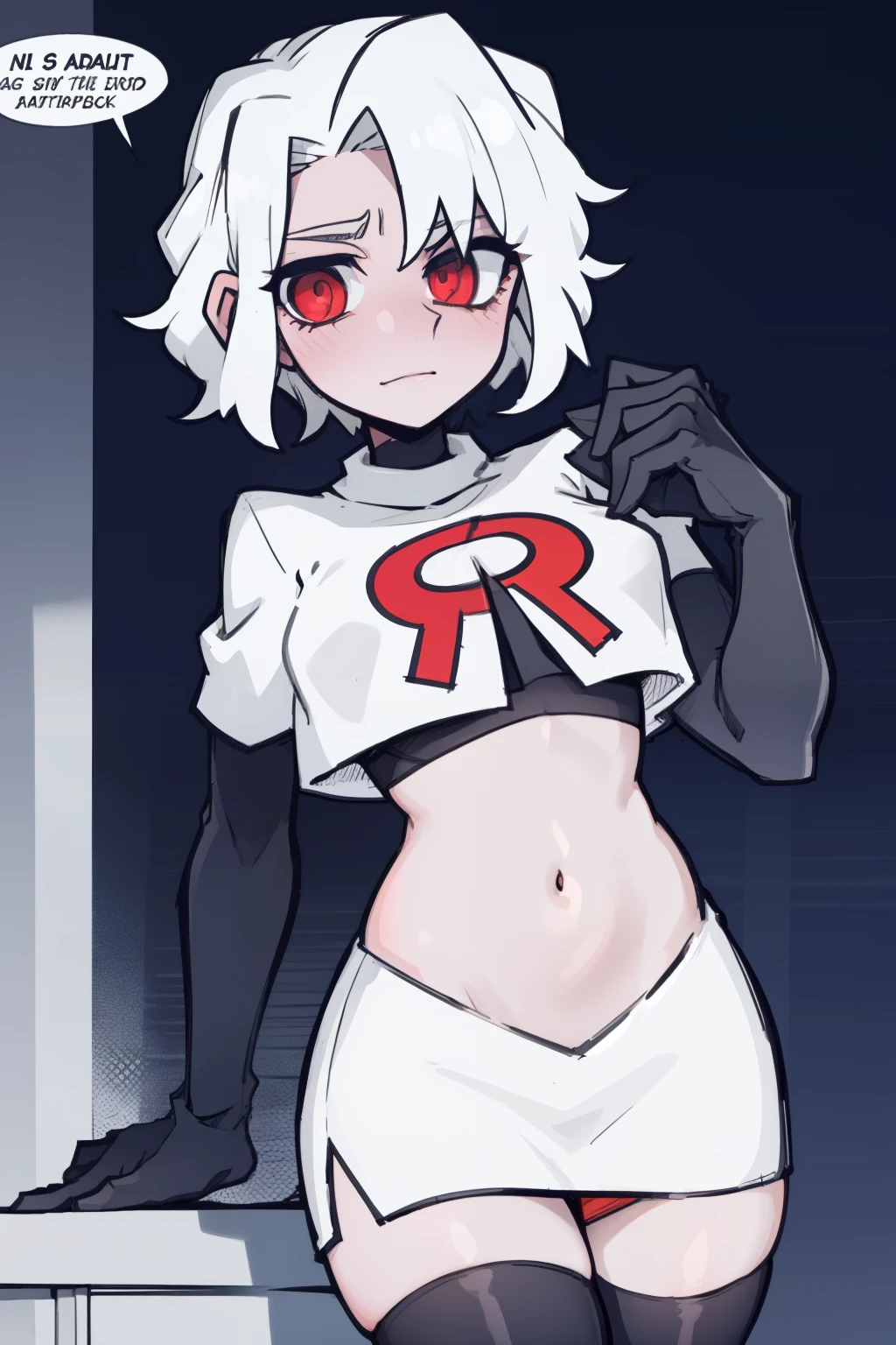 masterpiece, best quality,zdrada,red eyes, white hair,team rocket,team rocket uniform,white skirt,red letter R,crop top,black thigh-highs,black elbow gloves, comic strip