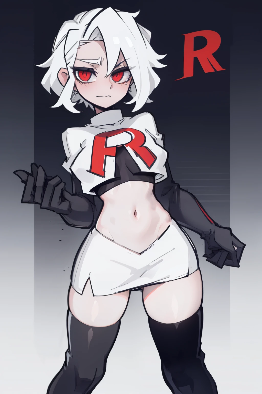 masterpiece, best quality,zdrada,red eyes, white hair,team rocket,team rocket uniform,white skirt,red letter R,crop top,black thigh-highs,black elbow gloves, comic strip