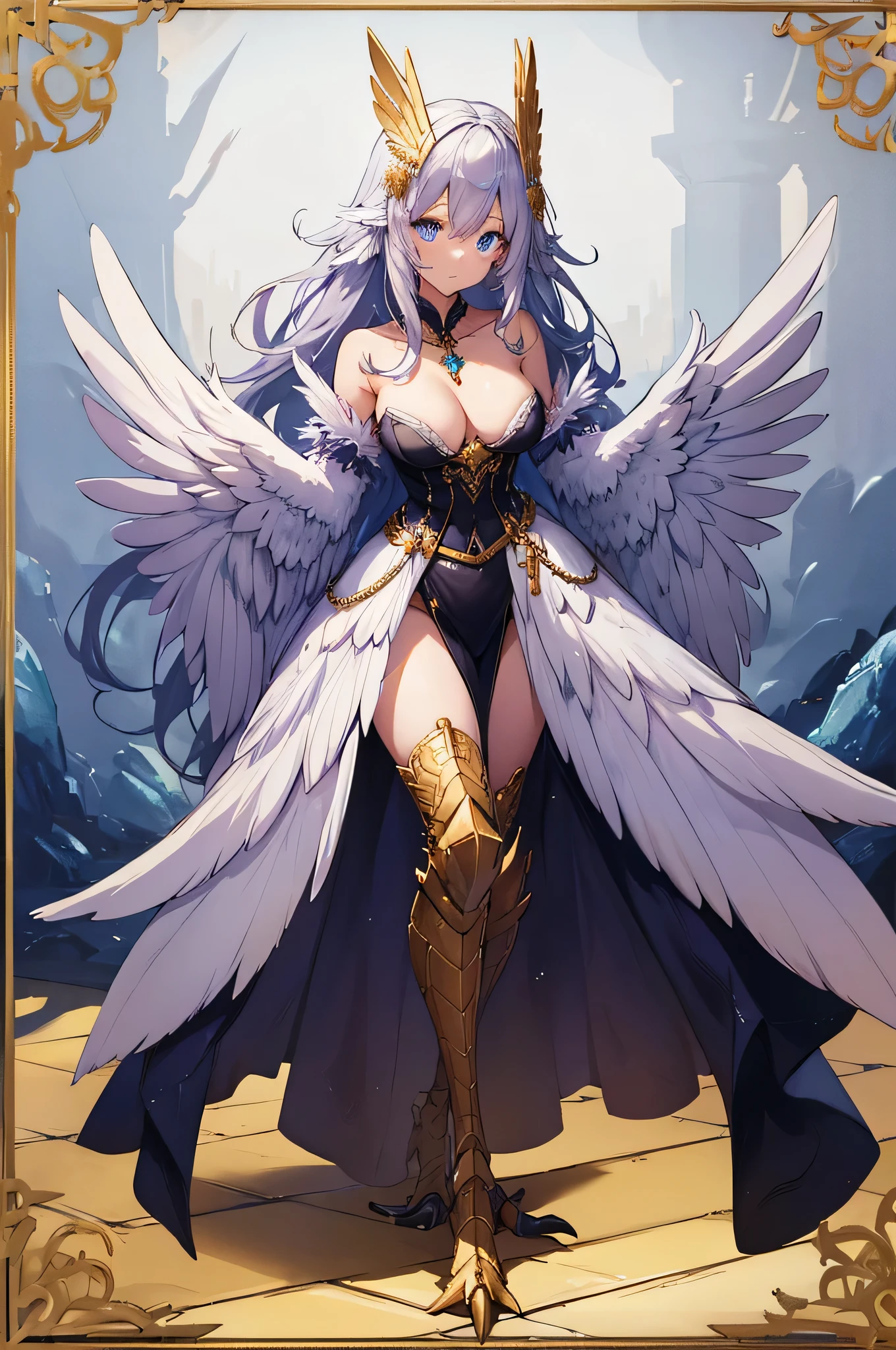 4K,High resolution,one woman,harpy,White purple hair,long hair,blue eyes,big breasts,white wings,golden nails,Valkyrie,white holy armor,winged hat,Jewelry Decoration,crystal decoration,gold decoration,Temple in the Sky