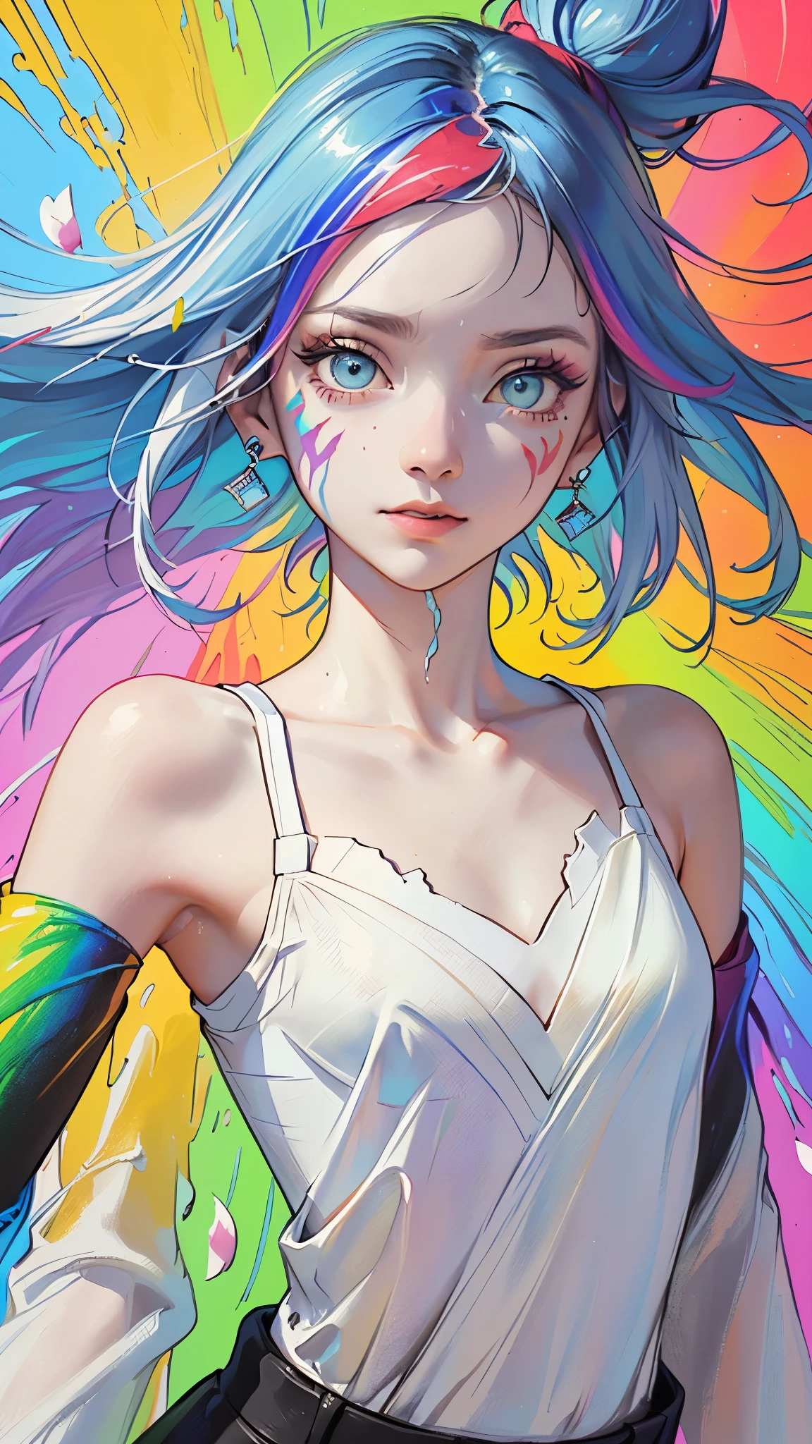 （Pink Fashion T-shirt：1.9），(Colorful hair: 1.8), (all the colours of the rainbow: 1.8),(((((vertical painting：1.6))), （painting：1.6），front, comics, illustrations, paintings, large eyes, crystal clear eyes,（ rainbow color gradient high ponytail：1.7）, exquisite makeup, closed mouth,(Small Fresh: 1.5),(Wipe Chest: 1.6) ，long eyelashes, white off shoulder T-shirt,  White Shoulder Shirt，looking at the audience, large watery eyes, (rainbow colored hair：1.6), color splash, （solo：1.8）, color splash, color explosion, thick paint style, messy lines, ((shining))，(colorful), (colorful), (colorful), colorful, Thick Paint Style, (Splash) (Color Splash), Vertical Painting, Upper Body, Paint Splash, Acrylic Pigment, Gradient, Paint, Highest Image Quality, Highest Quality, Masterpiece, Solo, Depth of Field, Face Paint,  colorful clothes, (Elegant: 1.2), gorgeous,long hair, wind, (Elegant: 1.3), (Petals: 1.4)，(((masterpiece))),(((best quality))),((ultra-detailed)),(illustration),(dynamic angle),((floating)),(paint),((disheveled hair)),(solo),(1girl) , (((detailed anima face))),((beautiful detailed face)),collar,bare shoulders,white hair, ((colorful hair)),((streaked hair)),beautiful detailed eyes,(Gradient color eyes),(((colorful eyes))),(((colorful background))),(((high saturation))),(((surrounded by colorful splashes))),