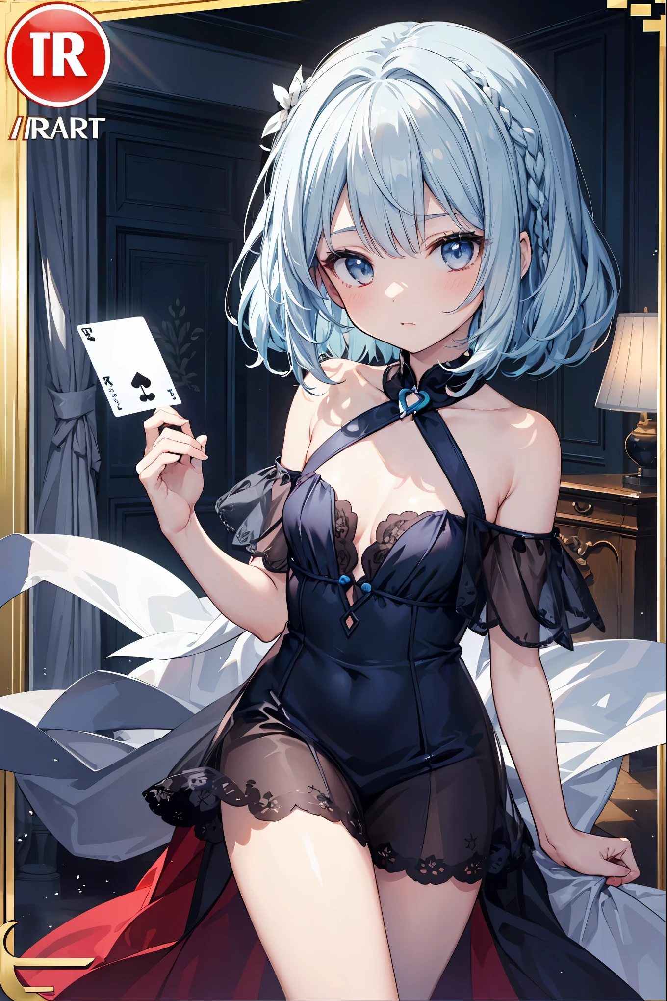 (MASTERPIECE), (Best Quality), (Super Detail), Official Art, One Girl, with Pale Light Blue Hair, , , Navy blue and Silver See-Through Dress, Sleeveless, Off Shoulder, Small, Very Small, Small, Cleavage, Thigh Focus, Card Illustration