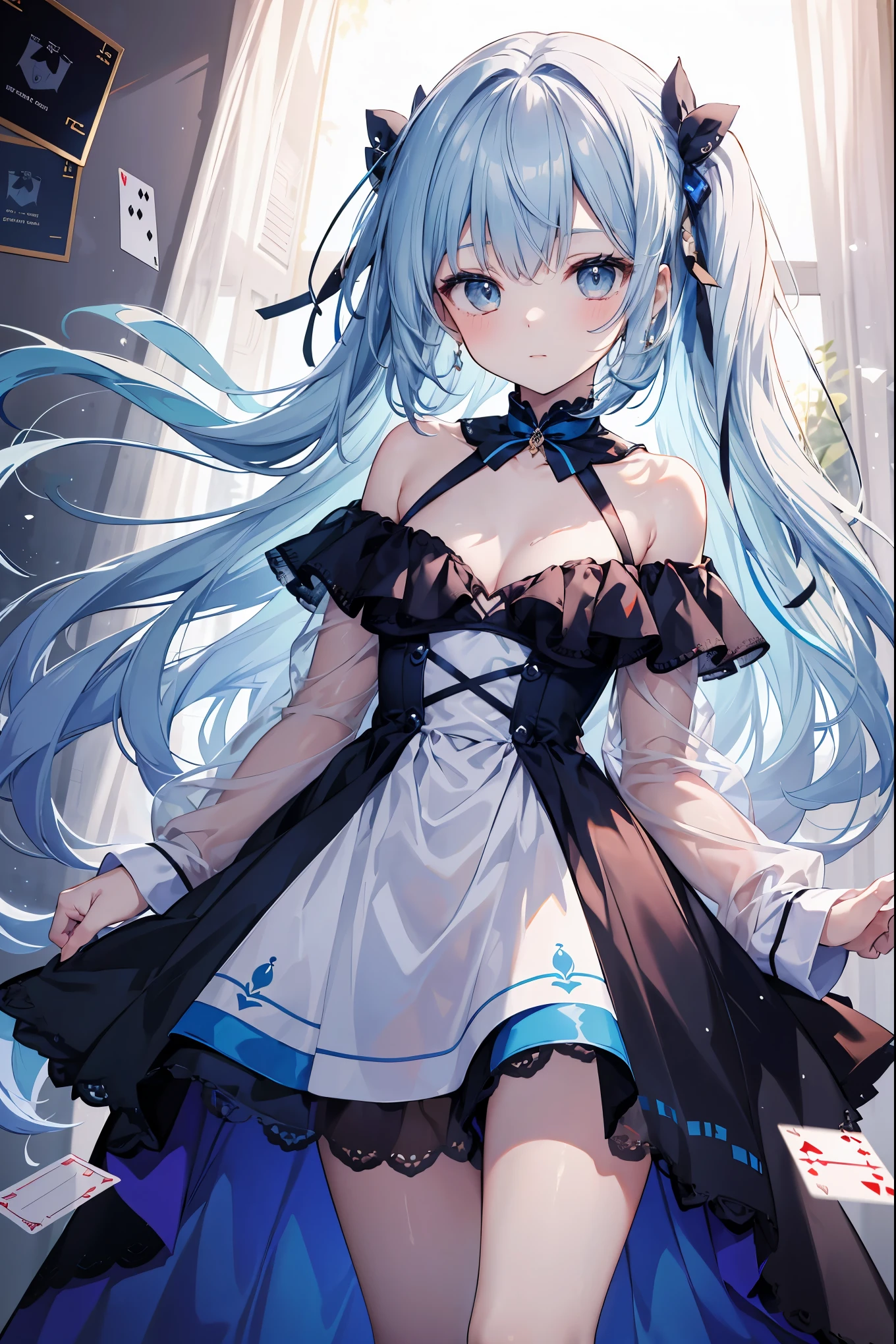 (MASTERPIECE), (Best Quality), (Super Detail), Official Art, One Girl,  with Pale Light Blue Hair,  , , Navy blue and Silver See-Through Dress, Sleeveless, Off Shoulder, Small, Very Small, Small, Cleavage, Thigh Focus, Card Illustration