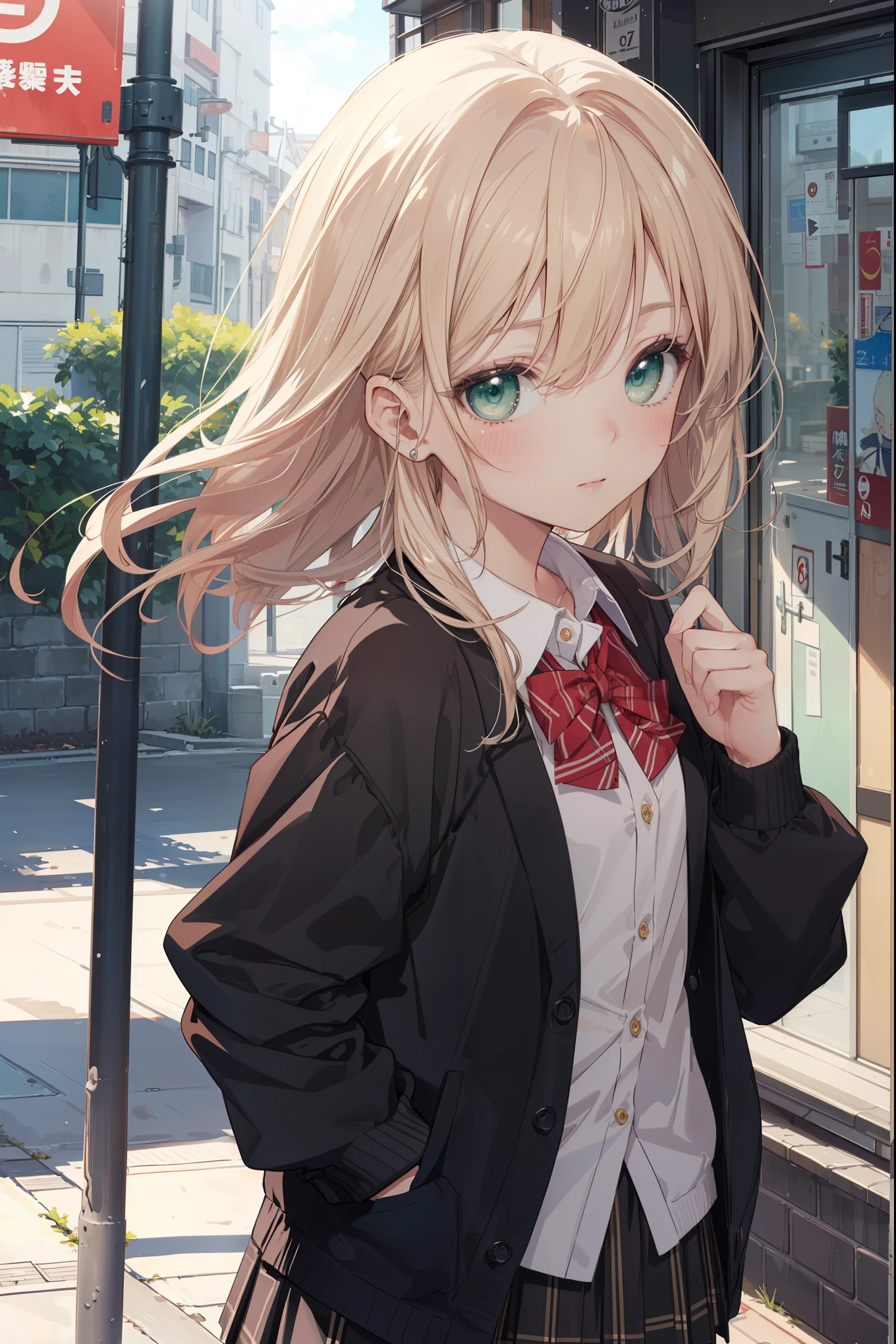 ((Masterpiece, Top Quality, High Resolution, UHD, Perfect Pixel, Depth of Field, 8k, RTX, HDR)), 1 Girl, Single, Solo, Beautiful Anime Girl, Beautiful Art Style, Last Boss Anime Character, ((Long Hair, Bangs, Brown Hair, Curly Hair: 0.5)), ((Green Eyes: 1.4, Round eyes, Beautiful eyelashes, Realistic eyes))), ((Detailed face, Blush: 1.2))), ((Smooth texture: 0.75, Realistic texture: 0.65, Photorealistic: 1.1, Anime CG style)), Dynamic angles, Perfect body, ((Portrait, Hamedori)), ((Red Bow Tie, School Uniform, Black Jacket, Open Jacket, Brown Cardigan, White Shirt, Black Skirt, Plaid Skirt))), Ridicule, Mocking, Tiny, Small Last Boss, Cute, Crazy Cute Last Boss