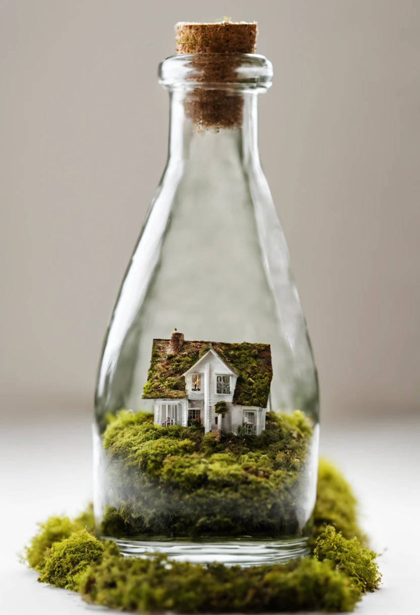 House covered in moss in a bottle, white background, ultra-precise image.