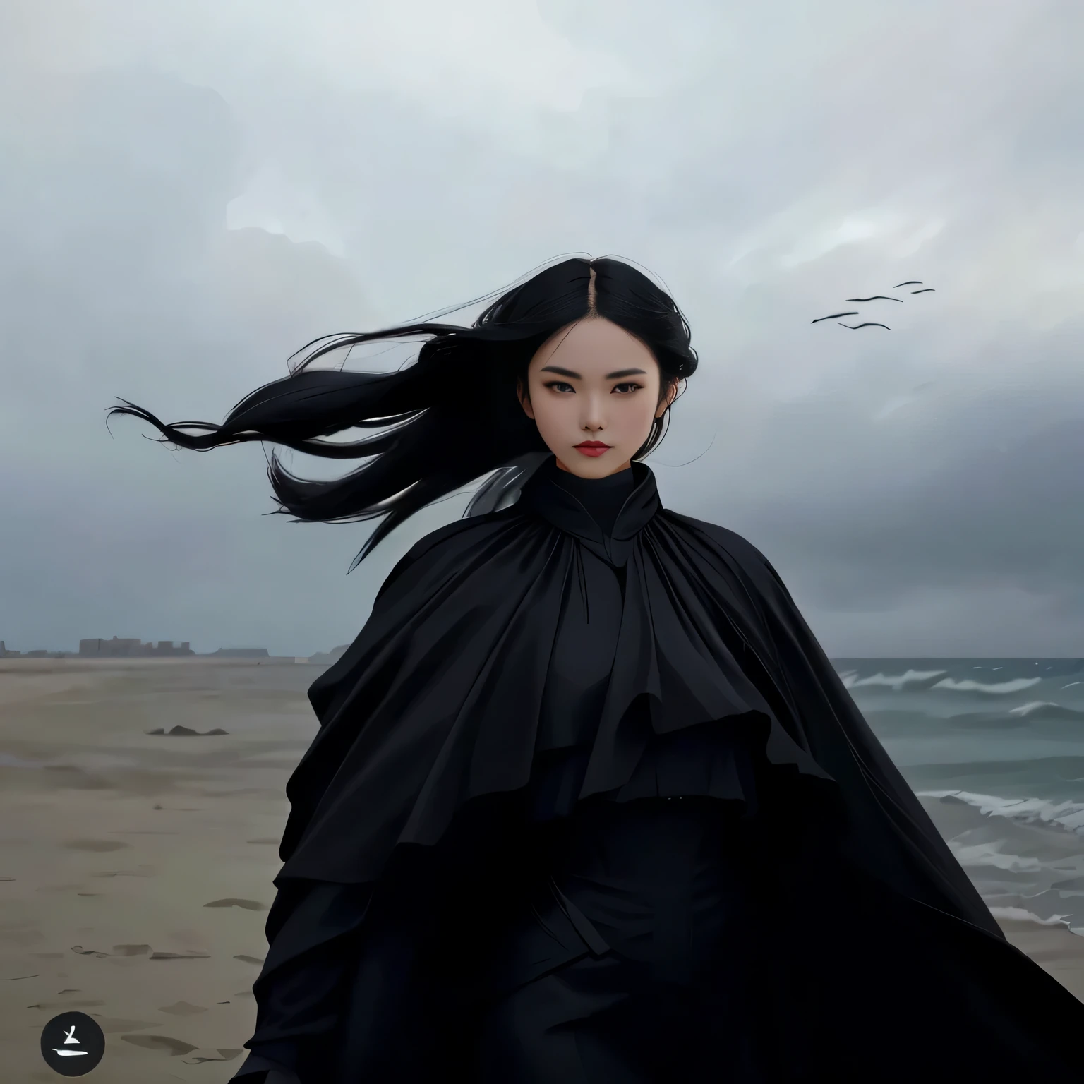 a woman in a black cape is standing on a beach, jingna zhang, Cabello negro largo soplado por el viento, Cabello oscuro soplado por el viento, sky swirling with black wind, con una larga capa negra, por Shang Xi, Ruan Jian, capa fluida, por Fei Danxu, Capa que brilla en el viento, xuehan, shen mingchen