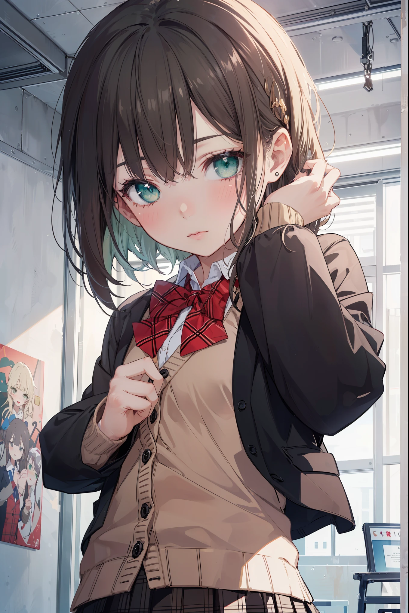 ((Masterpiece, Top Quality, High Resolution, UHD, Perfect Pixel, Depth of Field, 8k, RTX, HDR)), 1 Girl, Single, Solo, Beautiful Anime Girl, Beautiful Art Style, Last Boss Anime Character, ((Long Hair, Bangs, Brown Hair, Curly Hair: 0.5)), ((Green Eyes: 1.4, Round eyes, Beautiful eyelashes, Realistic eyes))), ((Detailed face, Blush: 1.2))), ((Smooth texture: 0.75, Realistic texture: 0.65, Photorealistic: 1.1, Anime CG style)), Dynamic angles, Perfect body, ((Portrait, Hamedori)), ((Red Bow Tie, School Uniform, Black Jacket, Open Jacket, Brown Cardigan, White Shirt, Black Skirt, Plaid Skirt))), Ridicule, Mocking, Tiny, Small Last Boss, Cute, Crazy Cute Last Boss