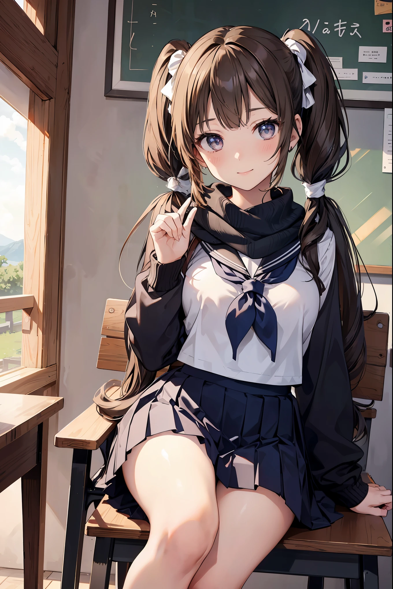 (masterpiece:1.2, top-quality), (realistic, photorealistic:1.4), beautiful illustration, looking at viewer, cowboy shot, front view:0.8, 1 girl, japanese, high school girl, (long hair:1.4), light brown hair, (twin tail:1.7), large breasts:0.8, white skin beautiful hair, beautiful face, beautiful detailed eyes, beautiful clavicle, beautiful body, beautiful chest, beautiful thigh, beautiful legs, beautiful detailed fingers, (beautiful scenery), , classroom, desks, chairs, ((cute school uniform, long sleeves, pleated skirt, sailor collar, scarf)), white panties, shoes, sitting, sit in a chair, smile, peace sign,