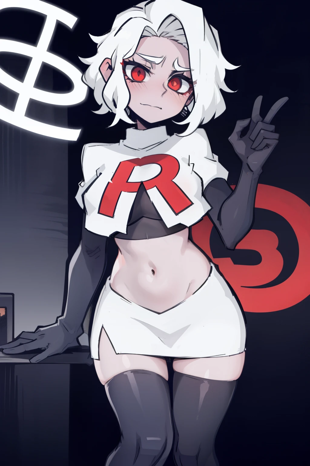 masterpiece, best quality,zdrada,red eyes, white hair,team rocket,team rocket uniform,white skirt,red letter R,crop top,black thigh-highs,black elbow gloves, comic strip