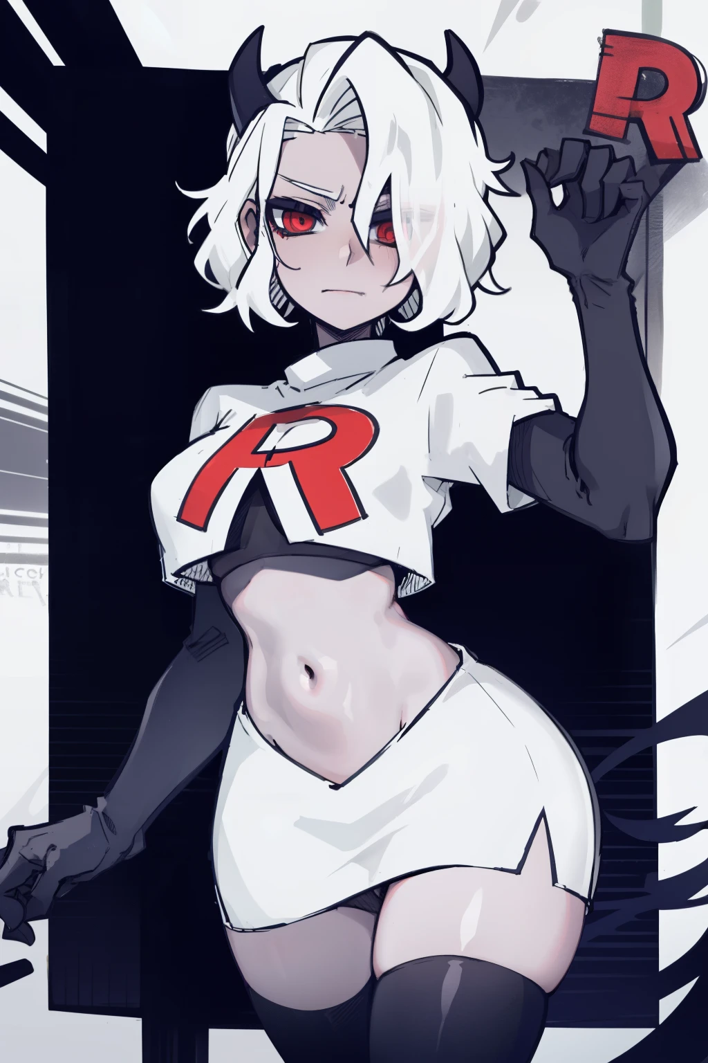 masterpiece, best quality,zdrada,red eyes, white hair,team rocket,team rocket uniform,white skirt,red letter R,crop top,black thigh-highs,black elbow gloves, comic strip