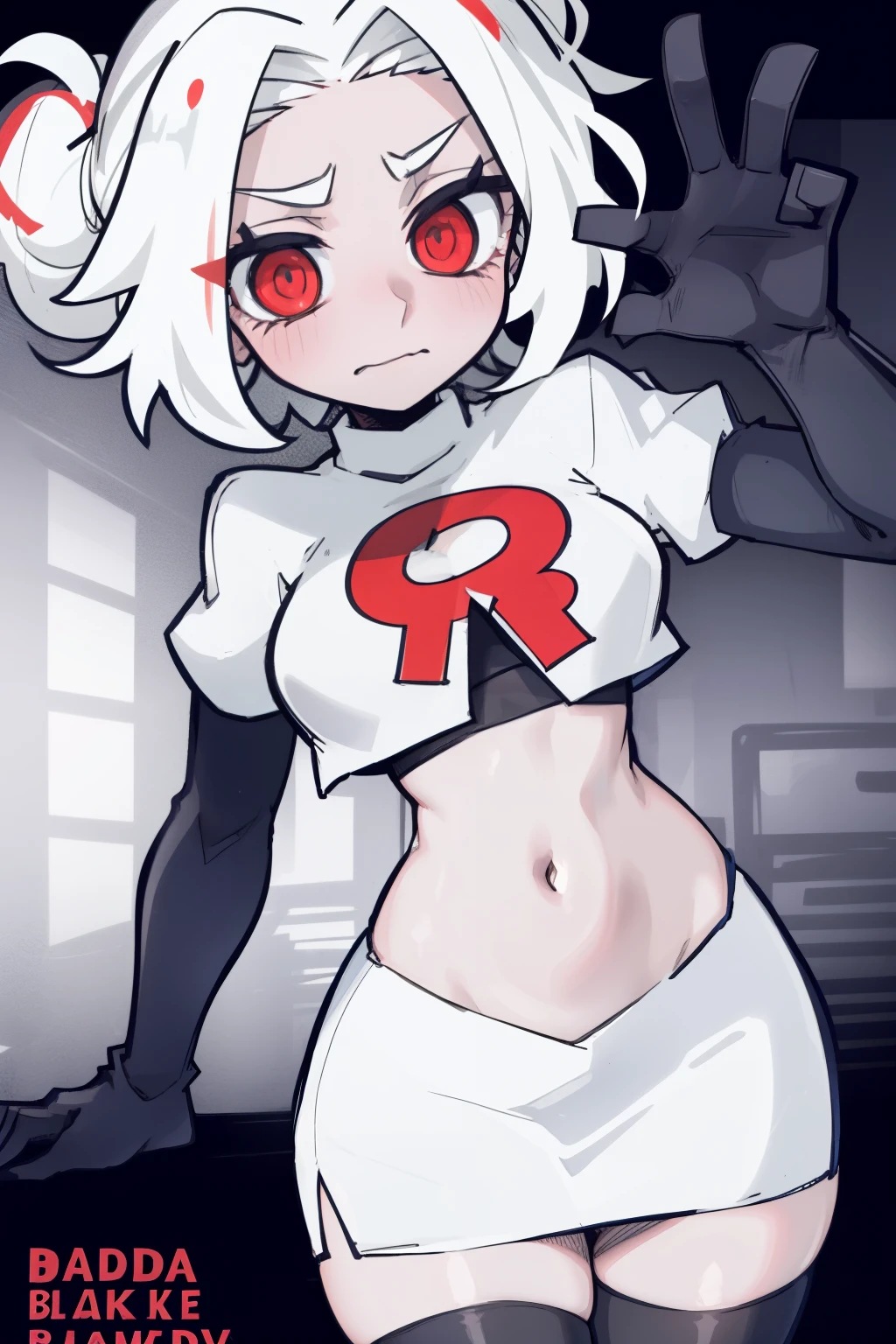 masterpiece, best quality,zdrada,red eyes, white hair,team rocket,team rocket uniform,white skirt,red letter R,crop top,black thigh-highs,black elbow gloves, comic strip