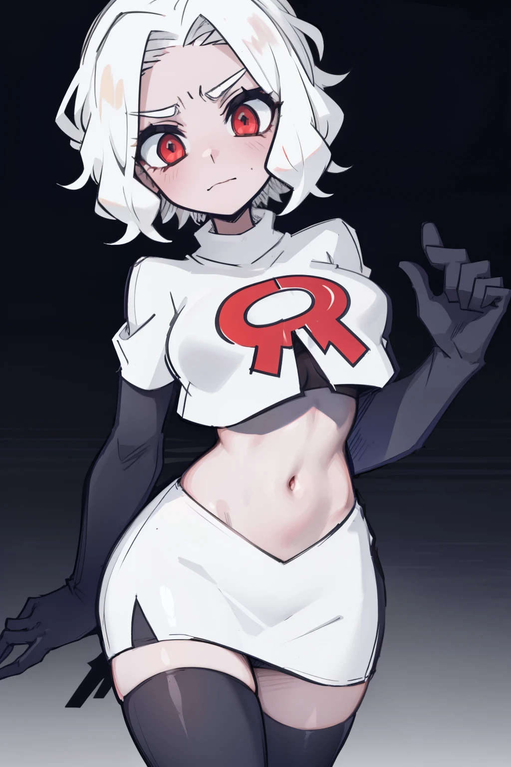 masterpiece, best quality,zdrada,red eyes, white hair,team rocket,team rocket uniform,white skirt,red letter R,crop top,black thigh-highs,black elbow gloves, comic strip