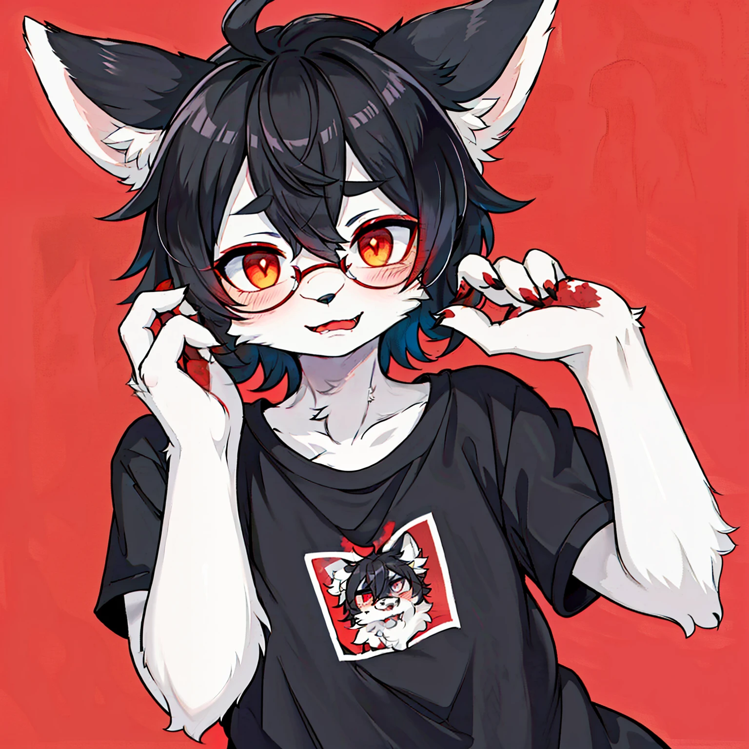 Upload to e621，A furry girl，solo，（gray fur），wearing glasses、black hair，Dark gray elements on fur，red-black heterochromia，Luminous T-shirt，blood red background，Blood elements on clothes，beautiful light and shadow，ambient light，superfine fur，Volumetric light，Head focus，facial focus，crazy expression