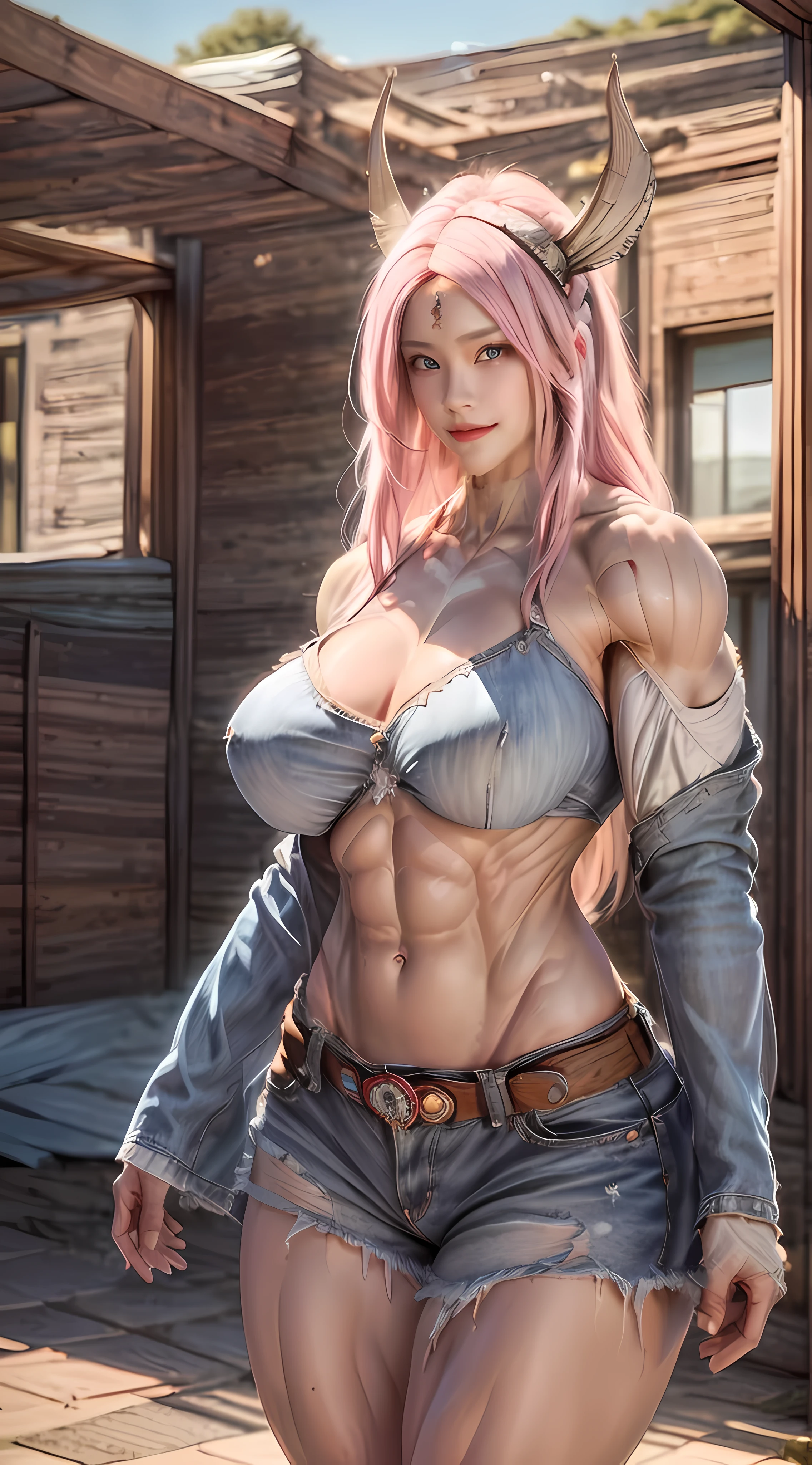 realistic, naked, handiwork, best quality, highly detailed, 1girl, solo, cowgirl shot, pink hair, butterfly hair ornament, crop top, cleavage, Denim shorts, big round breasts, standing, school, outdoors , smile, (((accurate anatomy))), (((Huge breasts))), ((long legs)), ((wide hips)), ((((Muscular Legs)))), (((Massive Female Bodybuilder))), (((((Huge Muscles)))))