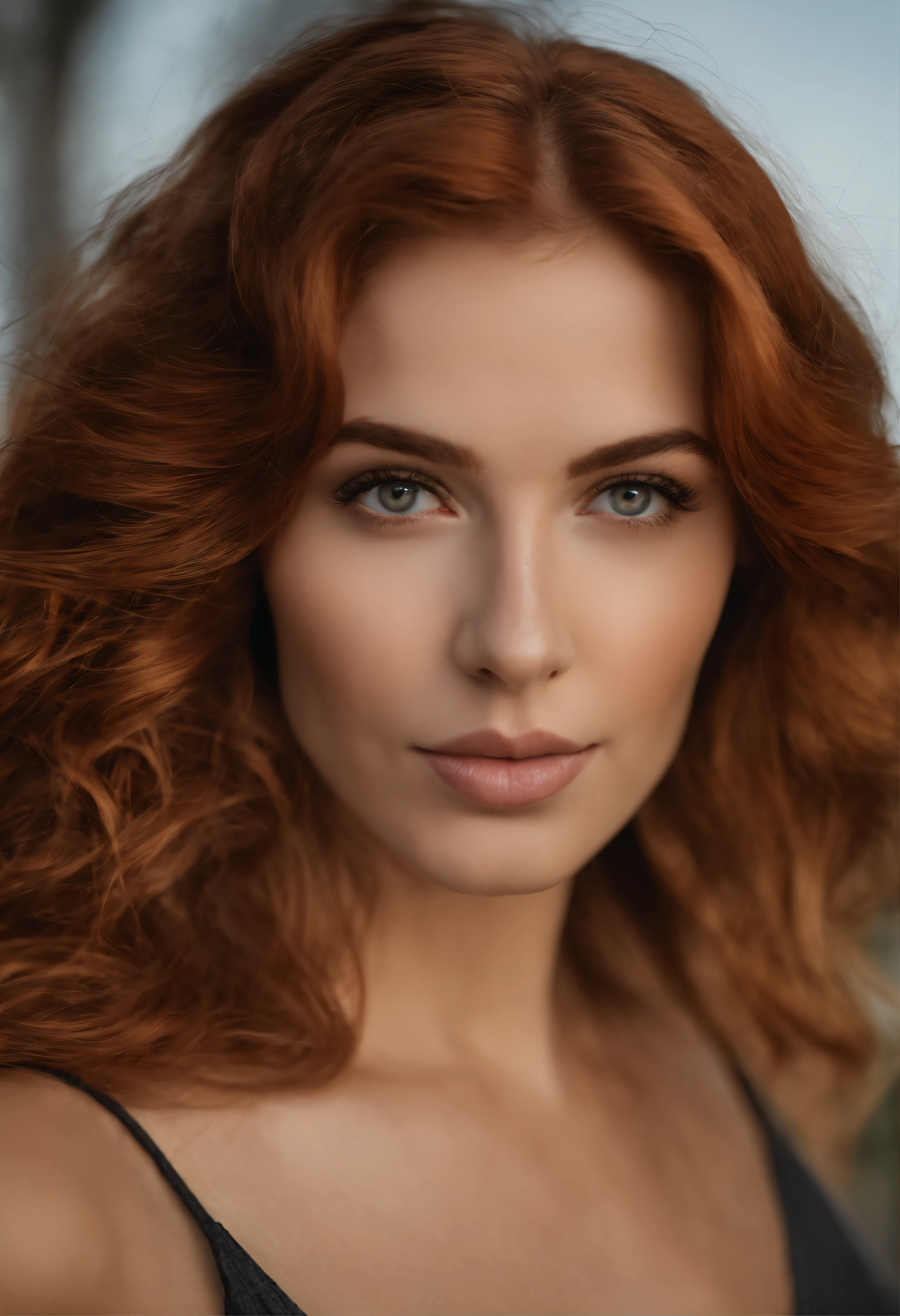 profissional, (4K Photo:1.1) (sharp focus:1.3), High detail, Usando (roupa chique:1.2), Rosto bonito e detalhado, An attractive woman with long red hair looks into the camera, parecendo a atriz Katherine McNamara, Panasonic Lumix S Pro 50mm F/1.4, Ana Stokes, salpicos de cor, laranja escuro e esmeralda escura, ferrania p30, foto realista, (mulher jovem atraente:1.3), (sedutor:1.3), (Corar:1.1), Forma do corpo da ampulheta, seios grandes e redondos, quadris largos, in the background city with an aspect of self-confidence and luxury aumente levemente o quadril e cor dos olhos castanhos