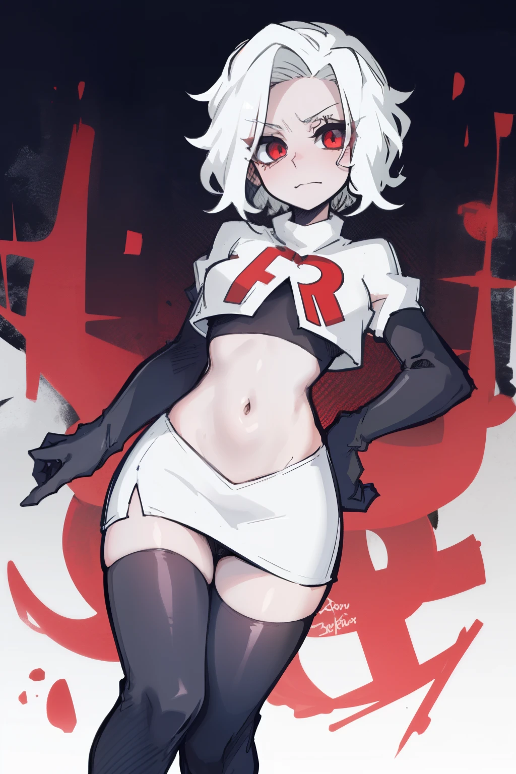 masterpiece, best quality,zdrada,red eyes, white hair,team rocket,team rocket uniform,white skirt,red letter R,crop top,black thigh-highs,black elbow gloves, comic strip