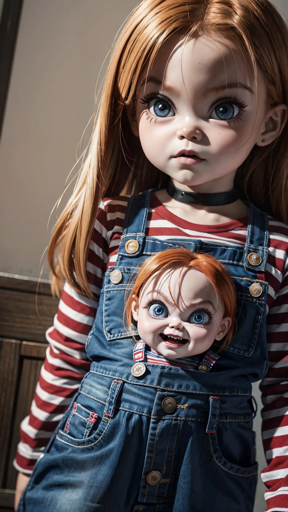 Chucky doll version girl, always repeat the same face, always repeat the same appearance, always repeat the same proportions, always repeat the same outfit