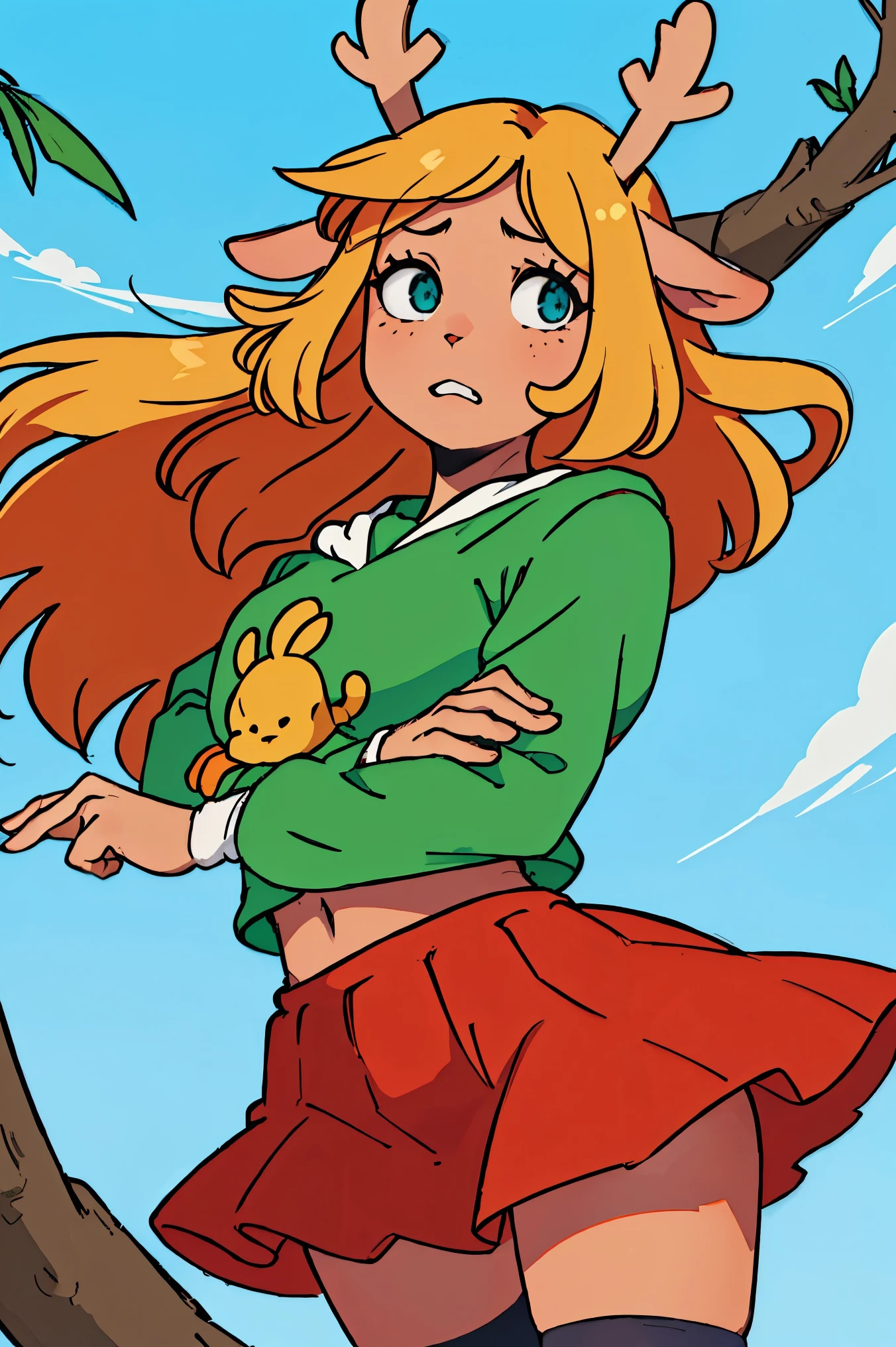 (melhor qualidade:0.8), Perfect anime illustration, 1 garota, por frente, olhando para o espectador, NoelleHoliday, cabelo amarelo, red short skirt, Mangas vermelhas, blusa branca, olhos verdes, cabelo grande, Cauda de veado,