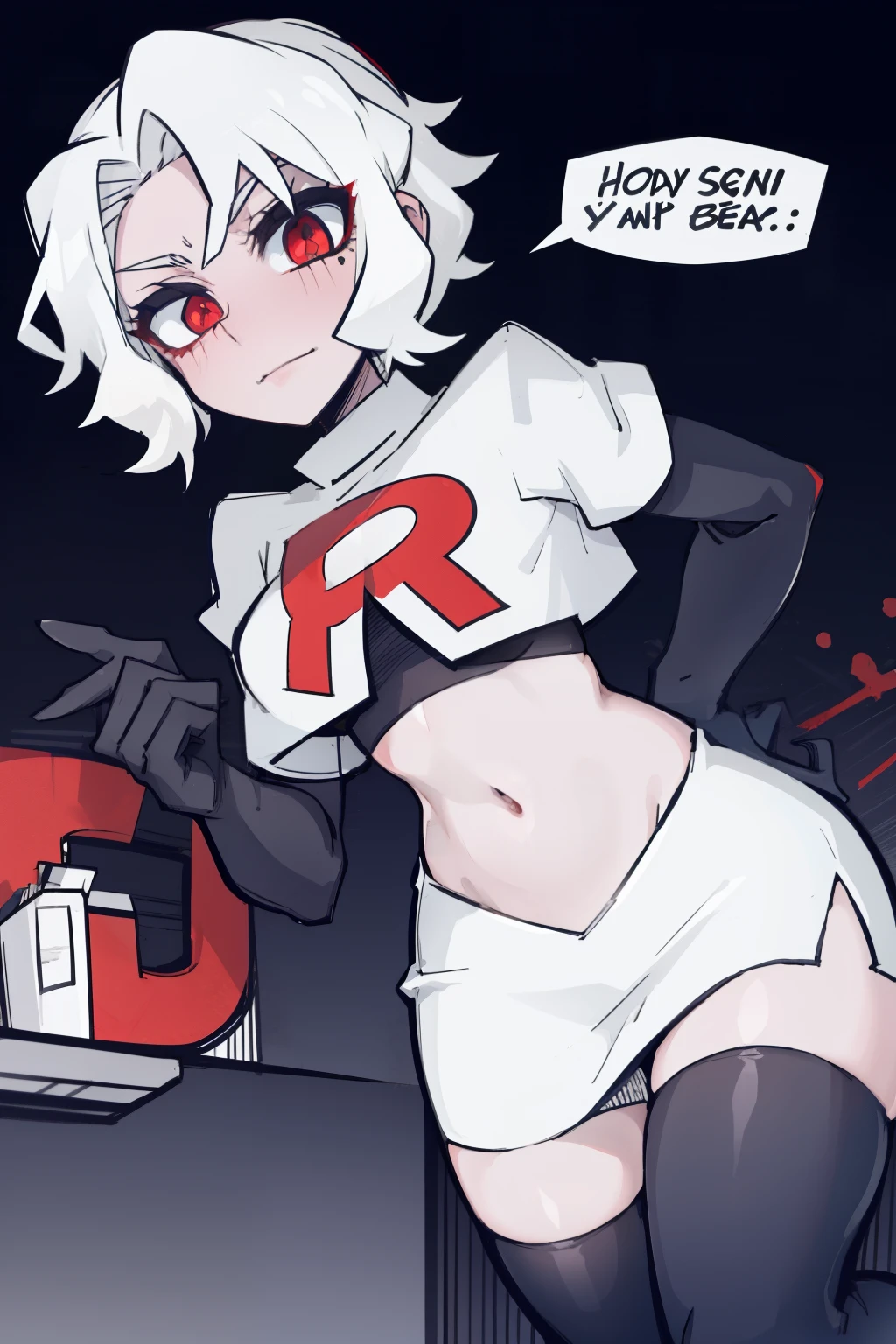masterpiece, best quality,zdrada,red eyes, white hair,team rocket,team rocket uniform,white skirt,red letter R,crop top,black thigh-highs,black elbow gloves, comic strip