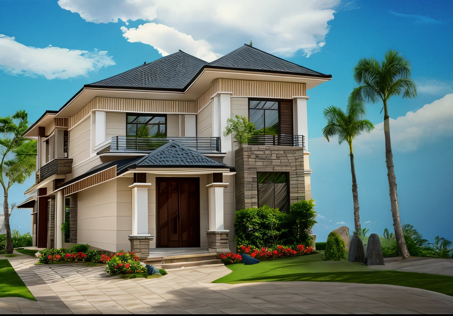 Exterior of house, (style vietnam:1.2), front yard, (stone and grass path :1.1), tree, sky, cloud, morning weather.