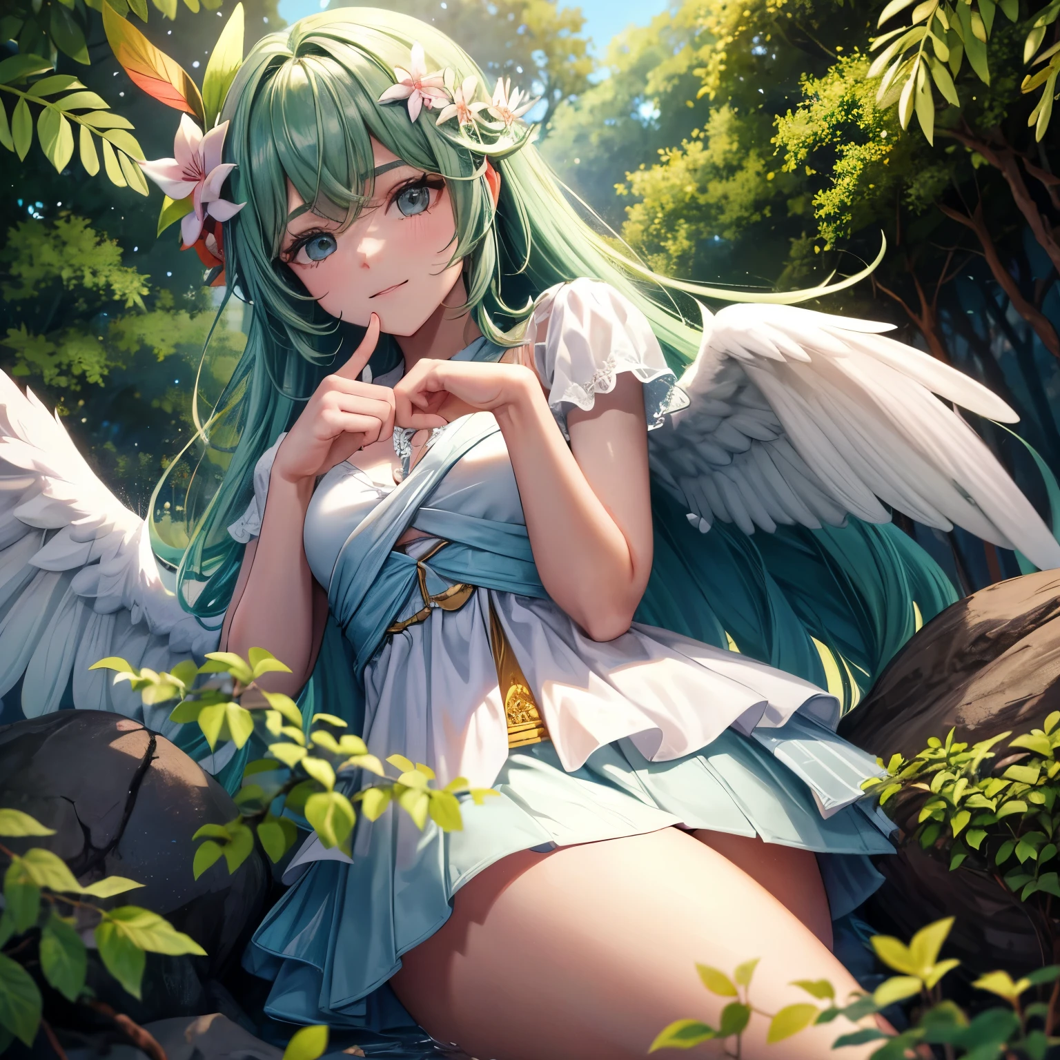 great quality ++ Extremely detailed high resolutionolution, very aesthetic, expressive eyes, (((perfect face))), (((face symmetrical))), ((good anatomy)), (((perfect hands))), (((8k))), UHD, HD wallpaper, (((detailed high cal, (((((1girl)))))), only, masterpiece, The best quality, high resolution, Highly detailed, (illustration), beautiful detailed eyes, (((combatant))), (((1girl))), ((((Whole body)))), (((((((Illyasviel von Einzbern)))))), (((princess_Celestia))), ((((human form)))), ((princesa Celestia humanizada)), Celestia, Celestia de My Little Poni, Celestia en forma de milf, long wavy hair, (((Red eyes))), (((strapless tube dress))), (((purple heart promise))), (((white dress))), (((milfication))), (((mature female))), (((big breasts))), (((white pony ears))), (((Detailed fingers))), (((white angel wings))), (((golden unicorn horn))), Precise fingers, Not unnatural hands, strange eye, Greek columns, exterior, beautiful majestic forest, vine leaves surrounding the columns, flower bushes everywhere, clear sky, bright sunny day, water lilies, bosque Celestial,