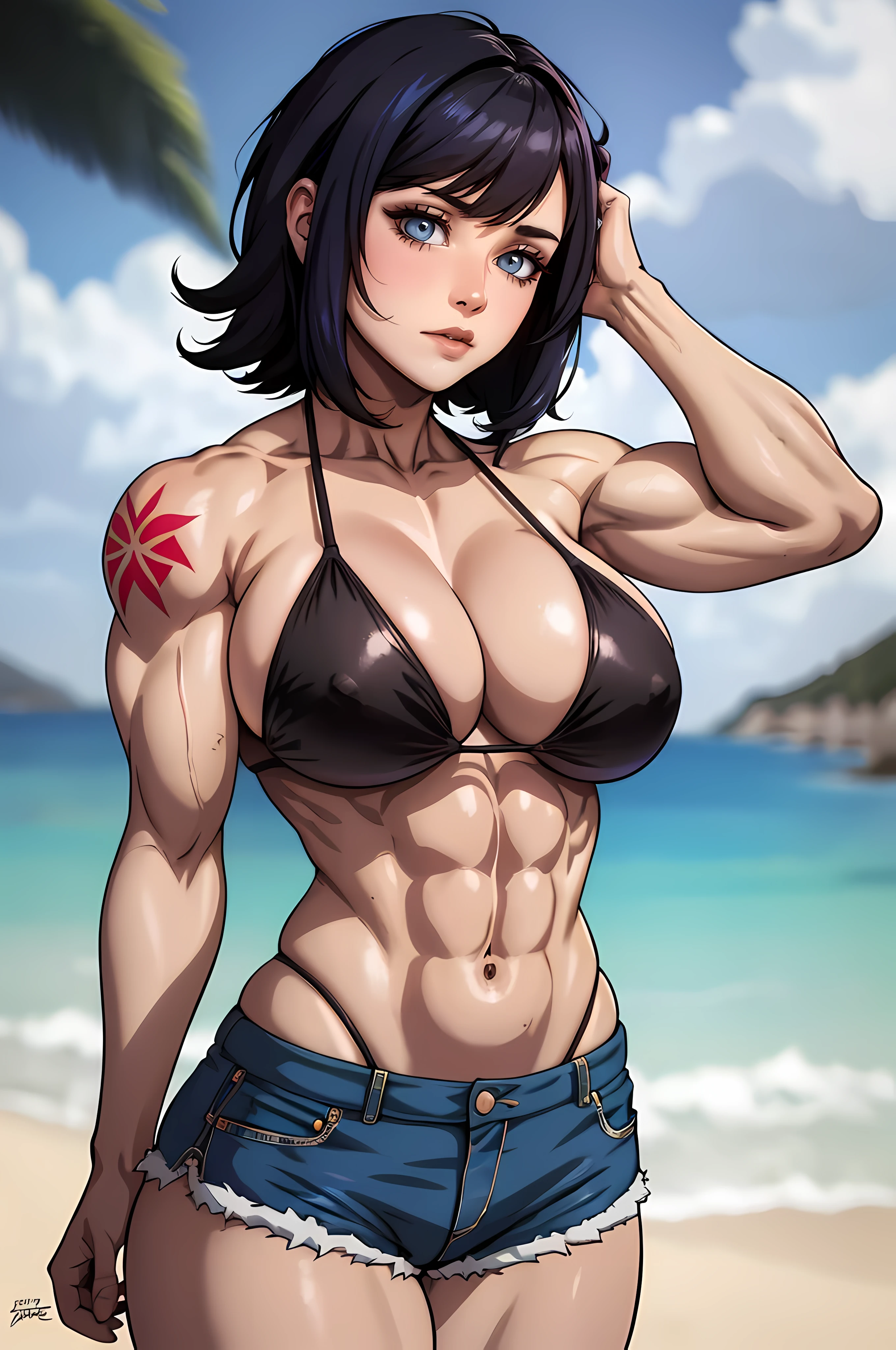 1 girl alone, sozinha, cabelu curto, cabelo vermelho, olhos pretos, Garota de anime com tatuagens posando em um bikini, academia, shorts, , bikini, arte digital de anime, garota anime ,  de anime feminino, arte de anime , muscular!, big oppai , Ilya Kuvshinov, badass anime 8 k, arte de anime, (((Huge breasts))), (((Massive Female Bodybuilder)))