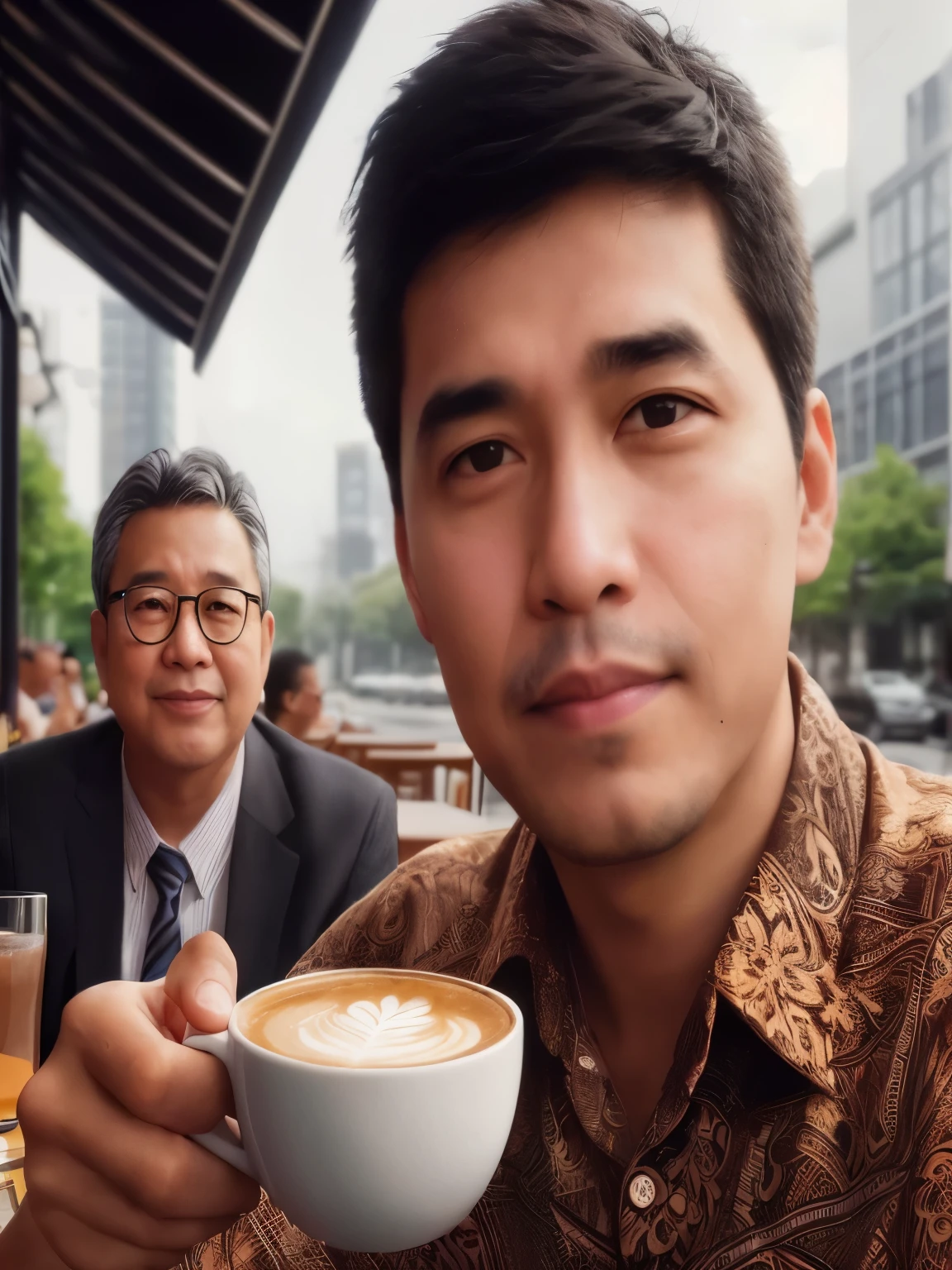 there is a man holding a cup of coffee with a man in the background, portrait of morning coffee, realistic portrait photo, inspired by Rudy Siswanto, real life portrait, drinking coffee, hyper-detailed portrait, akehiko inoue and ross tran, photo realistic portrait, drinking a coffee, photorealistic portrait, portrait shot, photo portrait, portrait picture