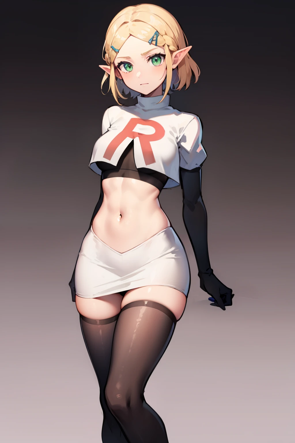 Zelda, green eyes, short hair ,team rocket,team rocket uniform, red letter R, white skirt,white crop top,black thigh-high boots ,black elbow gloves, sinister villianess look,