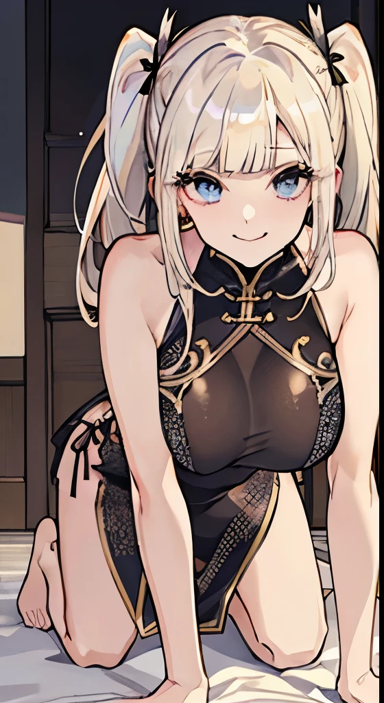 top-quality、realistic touch,high-detail、photoRealstic、thin-waist、captive beauty、big eye、Strong platinum blonde eyelashes、platinum-blond、full body Esbian、Sparkling eyes、Submissive smile、Flushed cheeks、Kamimei、thin-waist、Voluptuous thighs、Enraptured look、Raked bangs、The forehead is protruding、At the front door of the house、pony tail hairstyle、Navel Look、she is in 、A pose where you crawl on all fours、sexy cese dress、cocky expion、huge tit