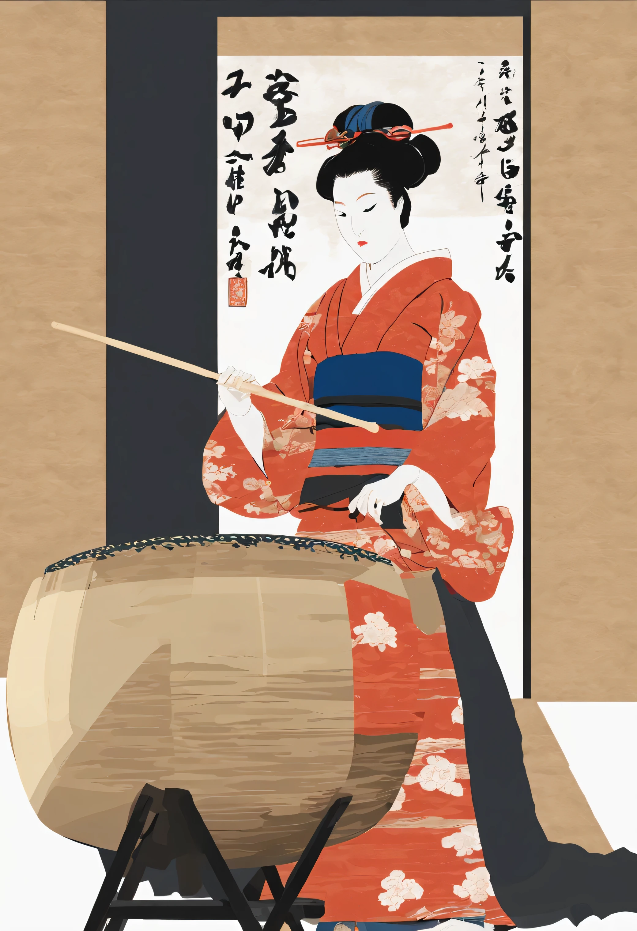 An arafe woman holding a large drum in front of the screen, Photos inspired by Yukishu Hayami, Doesn't bounce, ukiyo-e, photo Captured on 2 0 2 0, Traditional japanese, Asao Urata, Captured on 2 0 2 0, play the drums, Traditional, masterful composition!!!, bow ashigaru
