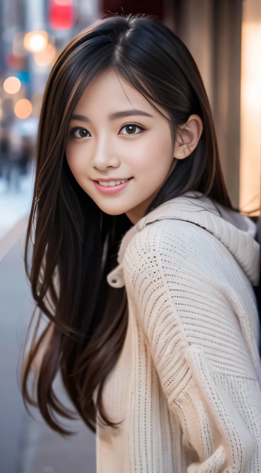 muste piece、best quality、illustration、Super detailed、fine details、High resolution、8K Dende Wallpaper、perfect dynamic composition、beautiful detailed eyes、Winter casual wear、medium hair、small breasts、natural color lip、bold sexy pose、shy smile、Harajuku style、20 year old girl、cute type、sexy shot looking at camera、
