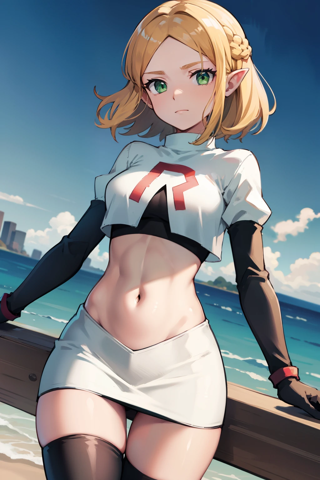 Zelda, green eyes, short hair ,team rocket,team rocket uniform, red letter R, white skirt,white crop top,black thigh-high boots ,black elbow gloves, sinister villianess look,