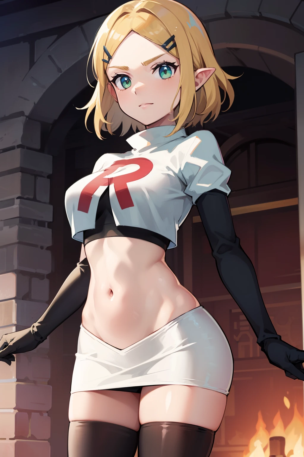 Zelda, green eyes, short hair ,team rocket,team rocket uniform, red letter R, white skirt,white crop top,black thigh-high boots ,black elbow gloves, sinister villianess look,