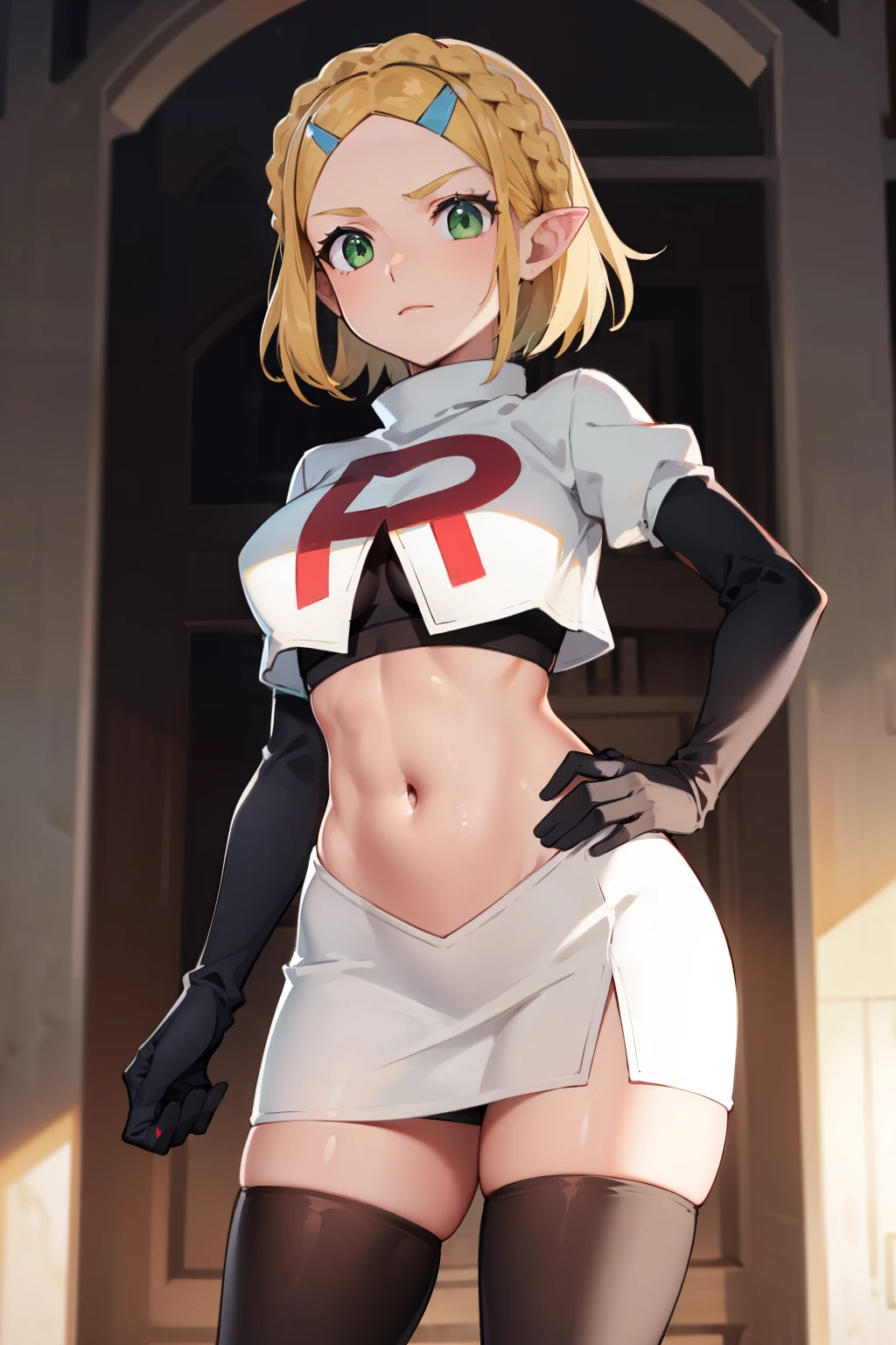 Zelda, green eyes, short hair ,team rocket,team rocket uniform, red letter R, white skirt,white crop top,black thigh-high boots ,black elbow gloves, sinister villianess look,