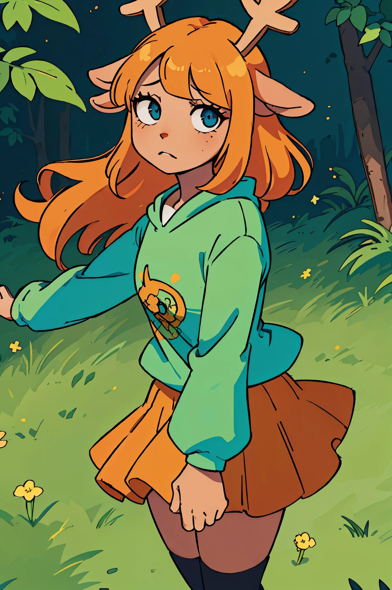 (melhor qualidade:0.8), Perfect anime illustration, 1 garota, por frente, olhando para o espectador, NoelleHoliday, cabelo amarelo, red short skirt, Mangas vermelhas, blusa branca, olhos verdes, cabelo grande, Cauda de veado,