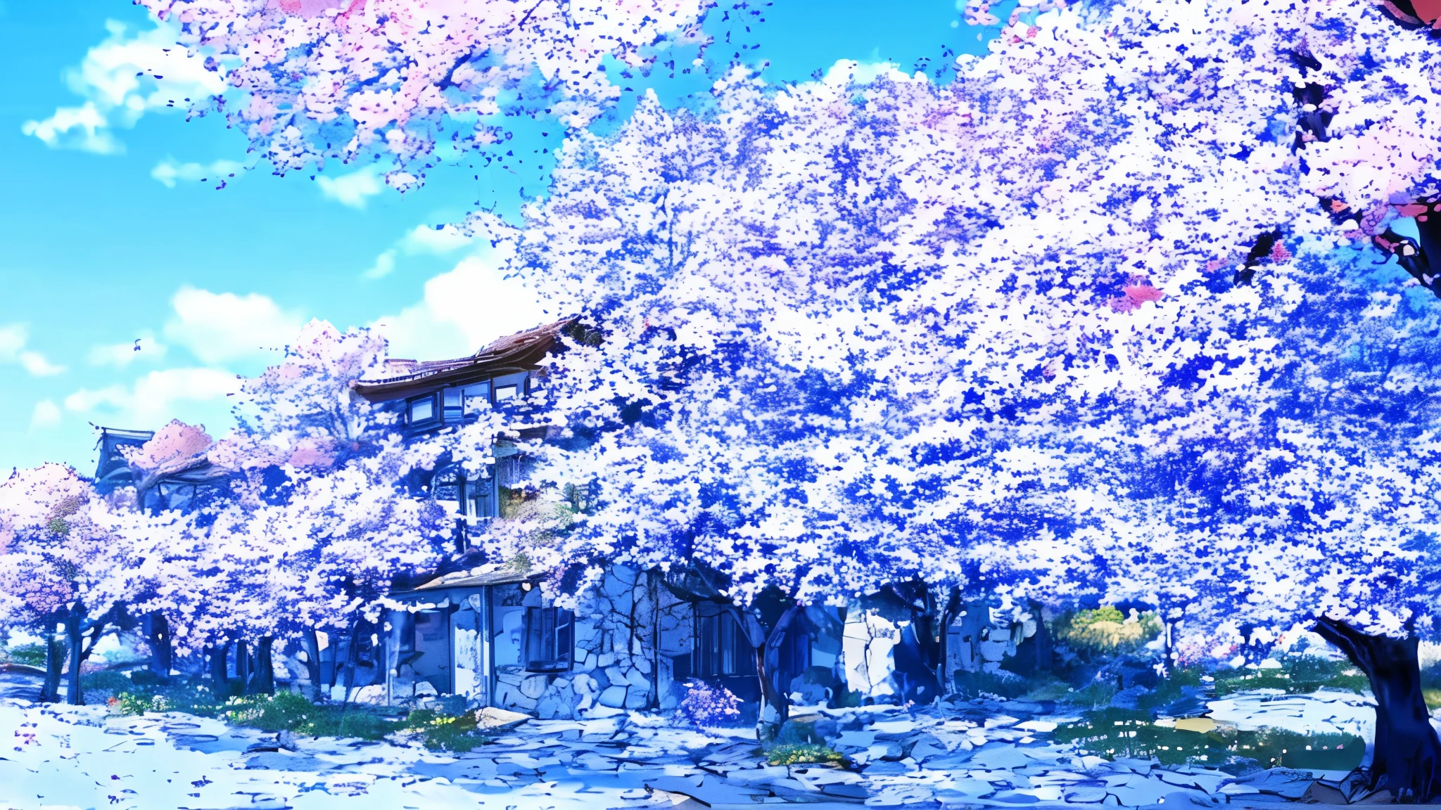 the building is far away
The land and blue sky look like Waseda University.
There are many cherry trees