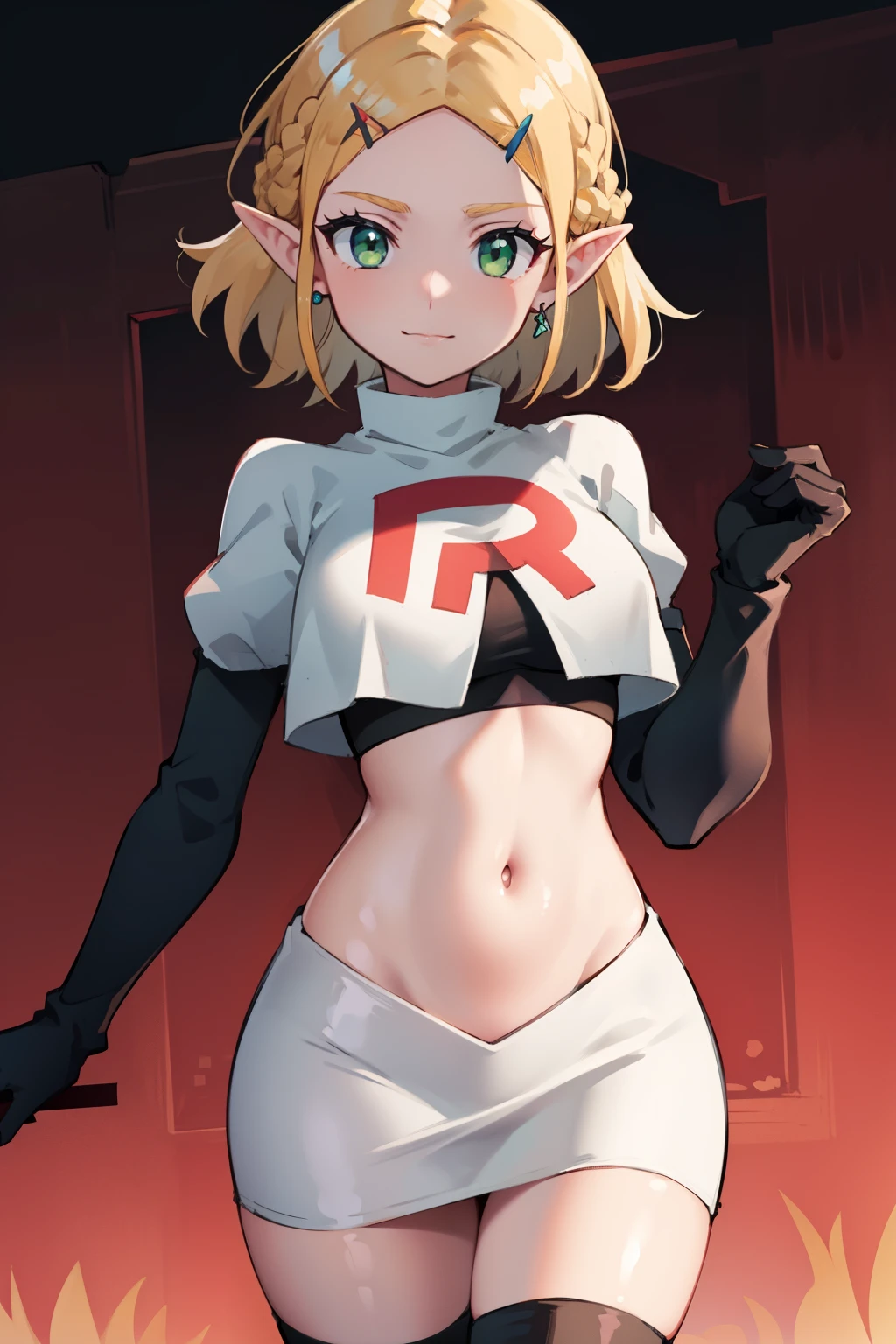 Zelda, green eyes, short hair ,team rocket,team rocket uniform, red letter R, white skirt,white crop top,black thigh-high boots ,black elbow gloves, sinister villianess look,