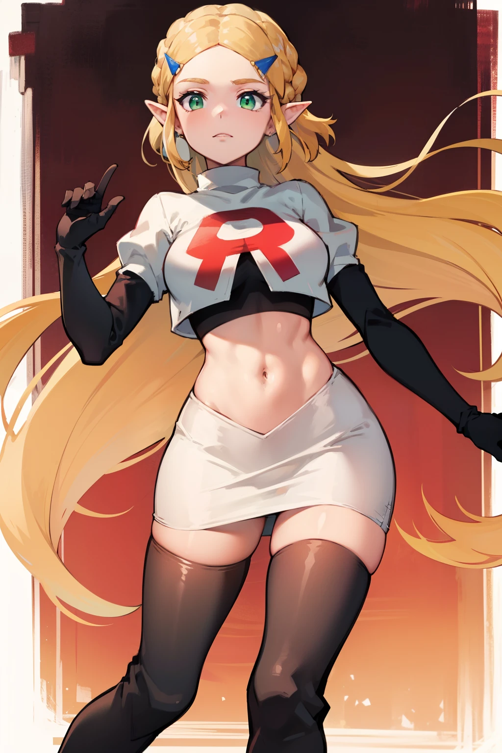 Zelda, green eyes, short hair ,team rocket,team rocket uniform, red letter R, white skirt,white crop top,black thigh-high boots ,black elbow gloves, sinister villianess look,