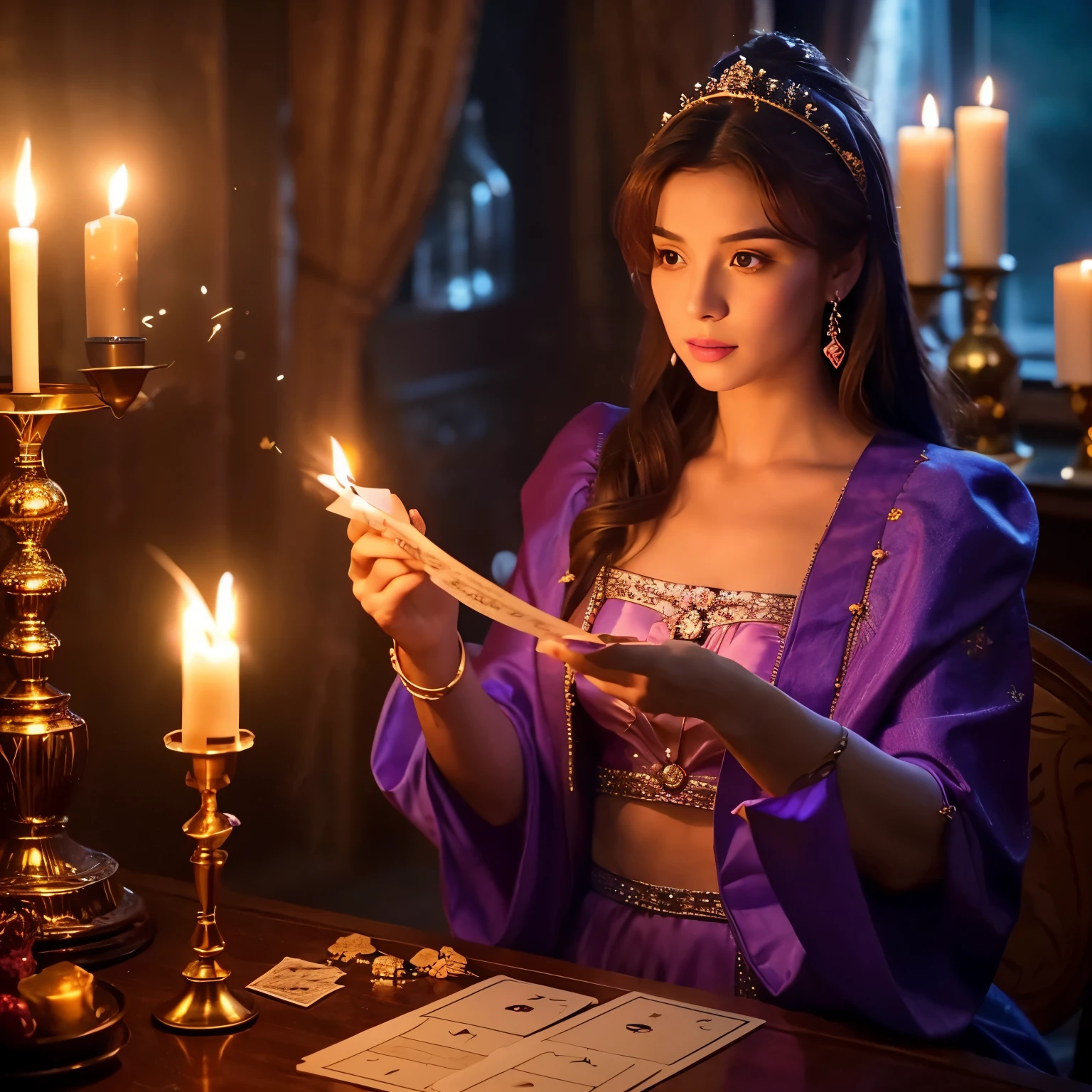 high quality,Live-action,Beautiful woman,purple costume,tarot cards on the table,Fortune telling,look up at the viewer,illuminated by candlelight,candle flame flickers,Glittering atmosphere